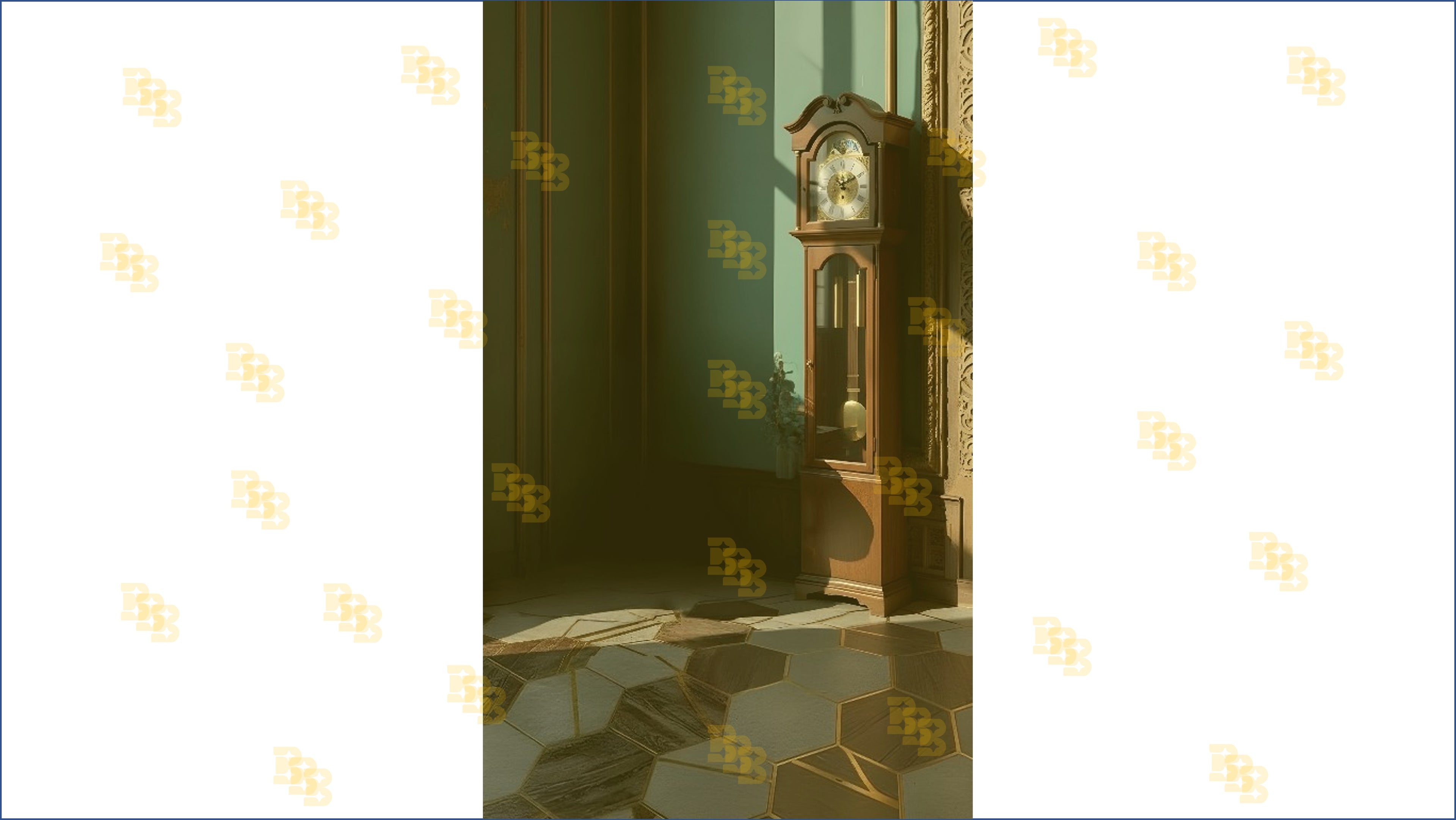 ROYAL MINIMAL INTERIOR WITH GRANDFATHER CLOCK AND SOFT LIGHT BACKDROP FOR PORTRAIT & EDITORIAL PHOTOGRAPHY