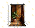 ROYAL WOODEN WALL INTERIOR WITH SUNLIGHT AND PLANT SETUP BACKDROP FOR BOUTIQUE & PORTRAIT PHOTOGRAPHY
