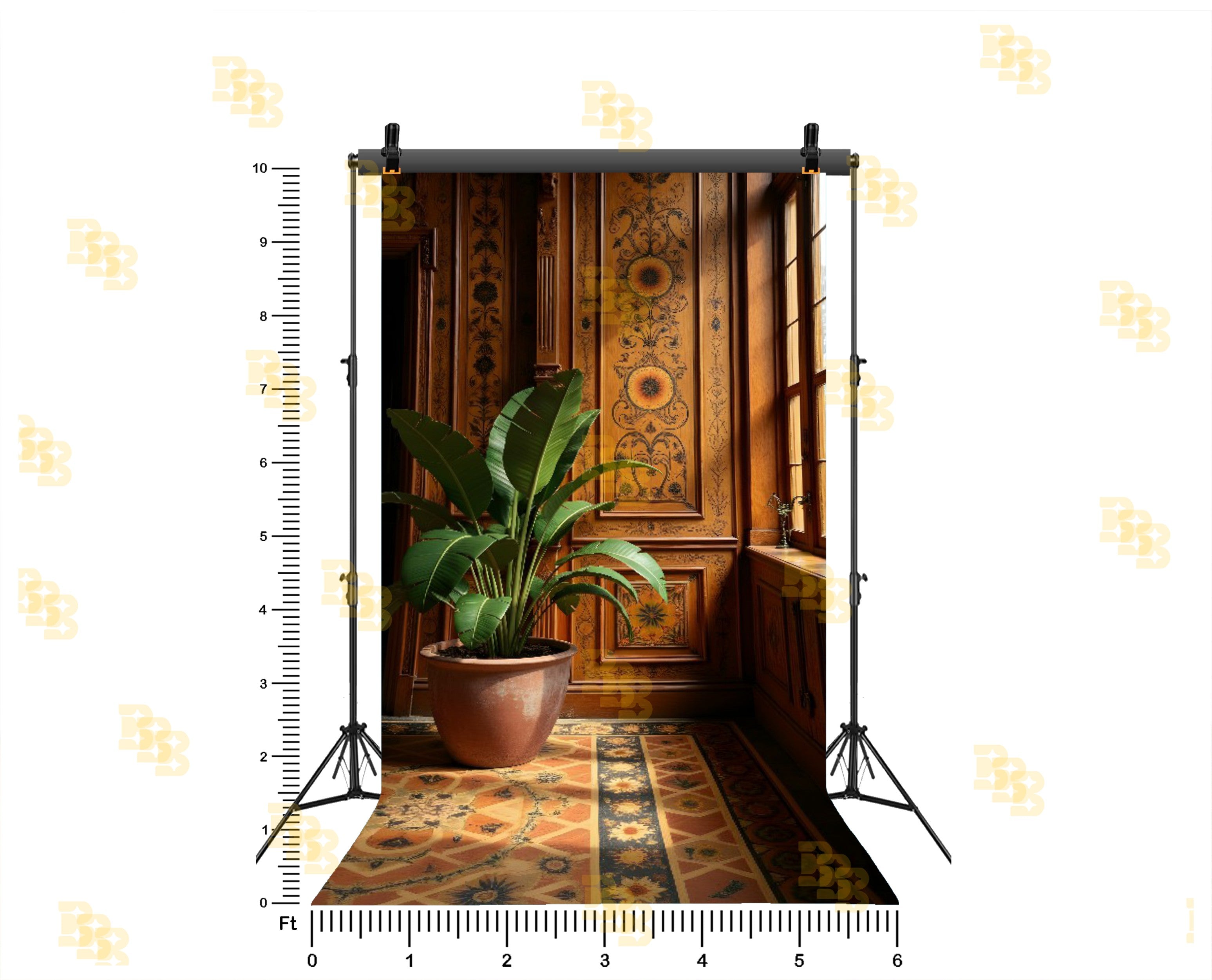 ROYAL WOODEN WALL INTERIOR WITH SUNLIGHT AND PLANT SETUP BACKDROP FOR BOUTIQUE & PORTRAIT PHOTOGRAPHY