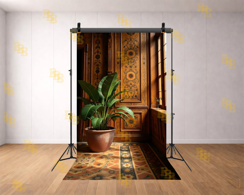 ROYAL WOODEN WALL INTERIOR WITH SUNLIGHT AND PLANT SETUP BACKDROP FOR BOUTIQUE & PORTRAIT PHOTOGRAPHY