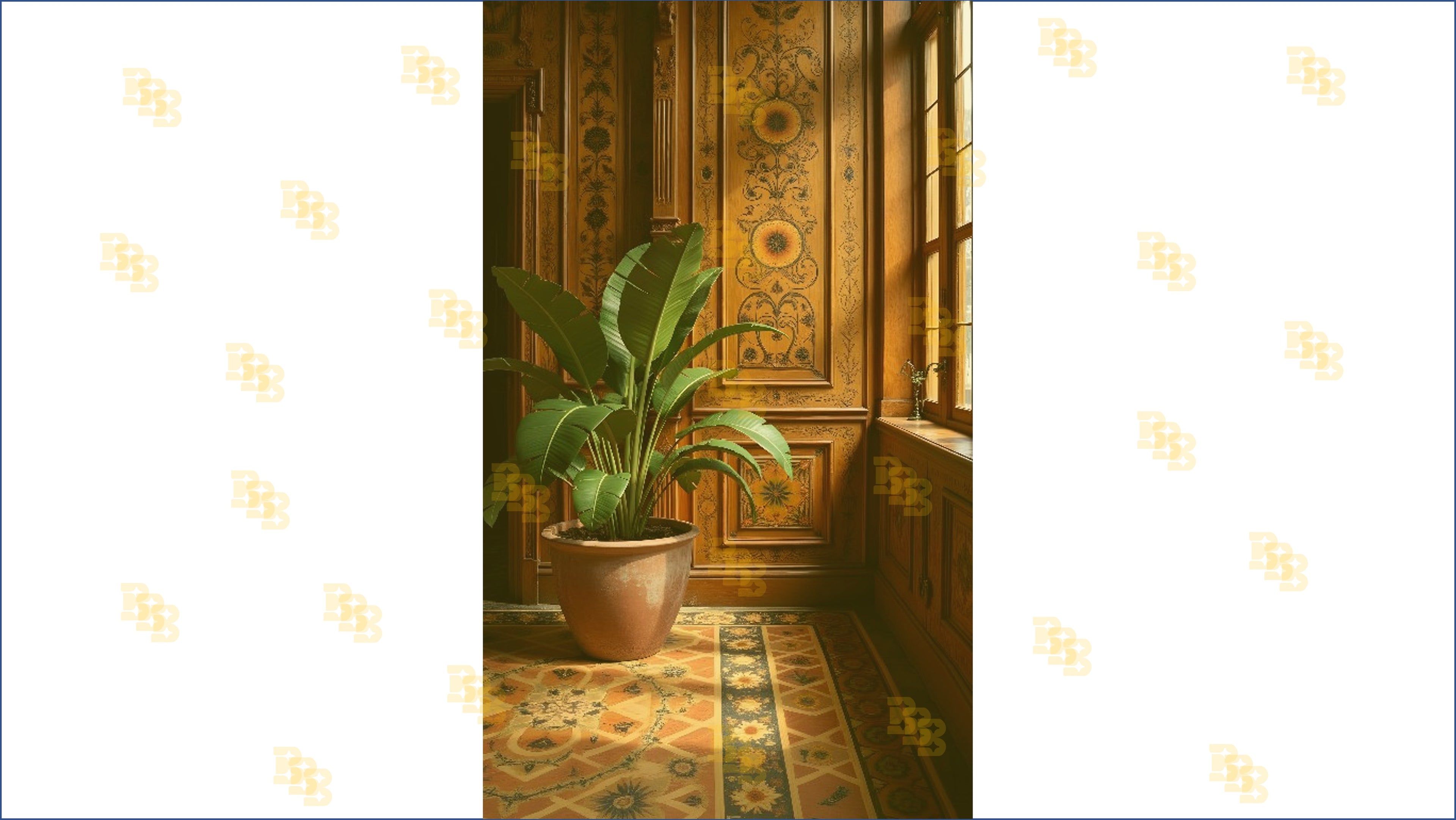 ROYAL WOODEN WALL INTERIOR WITH SUNLIGHT AND PLANT SETUP BACKDROP FOR BOUTIQUE & PORTRAIT PHOTOGRAPHY