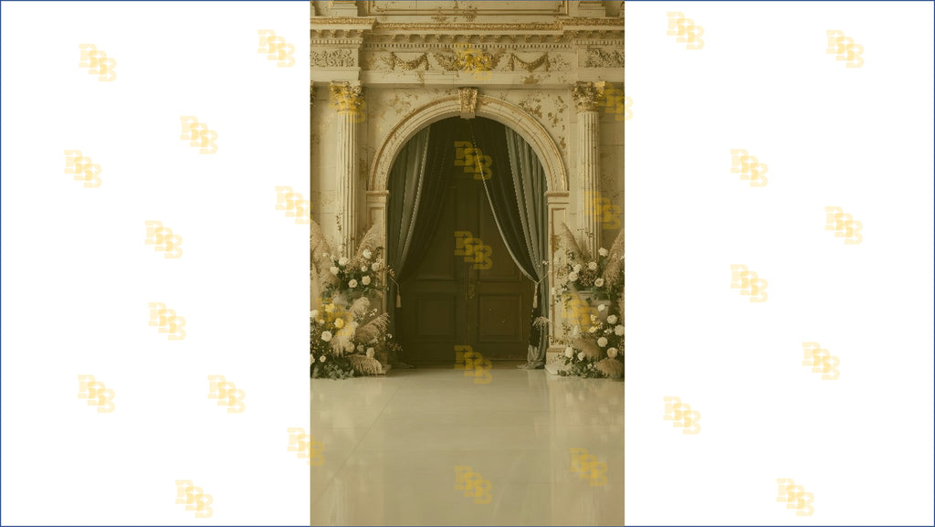 ROYAL ARCH DOOR ENTRANCE WITH FLORAL DECOR AND CURTAINS BACKDROP FOR WEDDING & PORTRAIT PHOTOGRAPHY