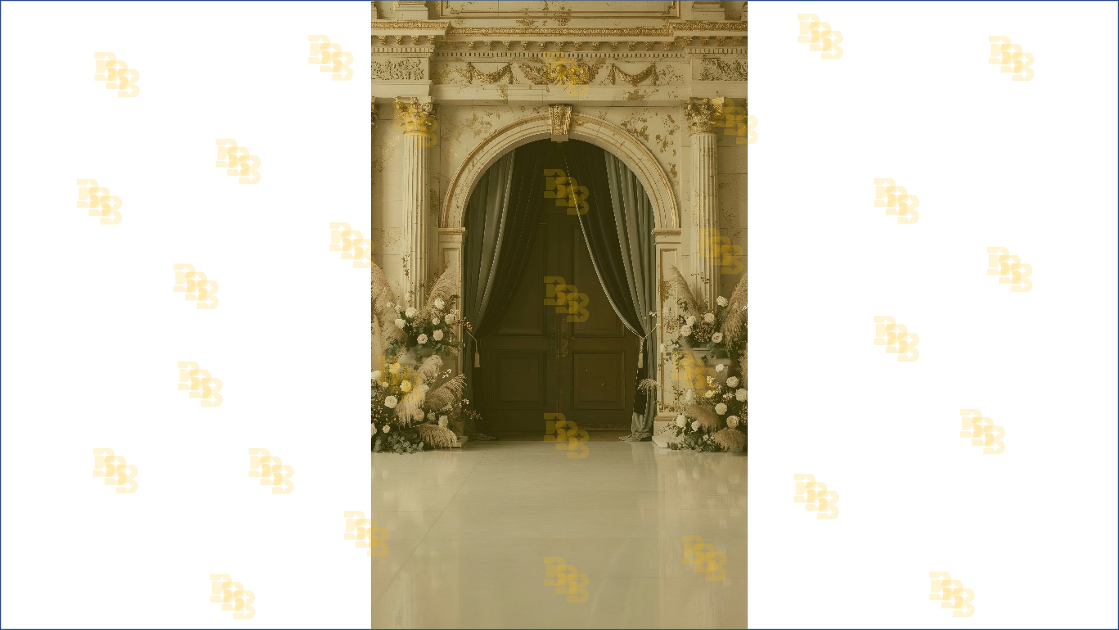 ROYAL ARCH DOOR ENTRANCE WITH FLORAL DECOR AND CURTAINS BACKDROP FOR WEDDING & PORTRAIT PHOTOGRAPHY