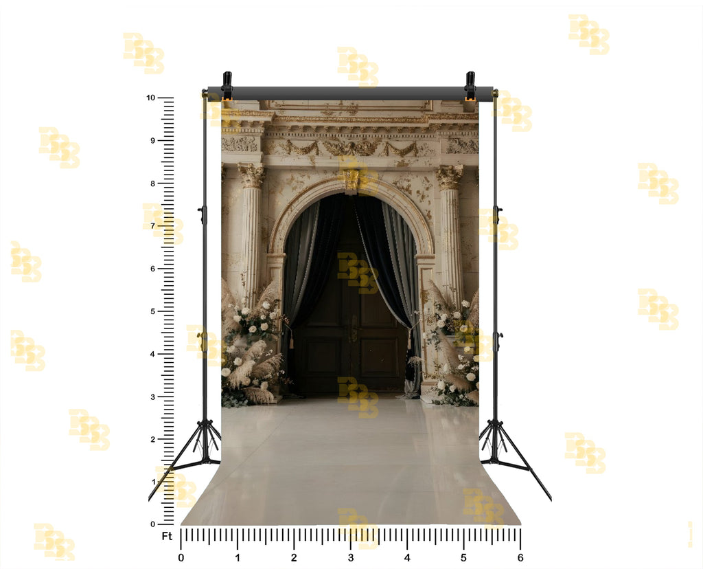 ROYAL ARCH DOOR ENTRANCE WITH FLORAL DECOR AND CURTAINS BACKDROP FOR WEDDING & PORTRAIT PHOTOGRAPHY