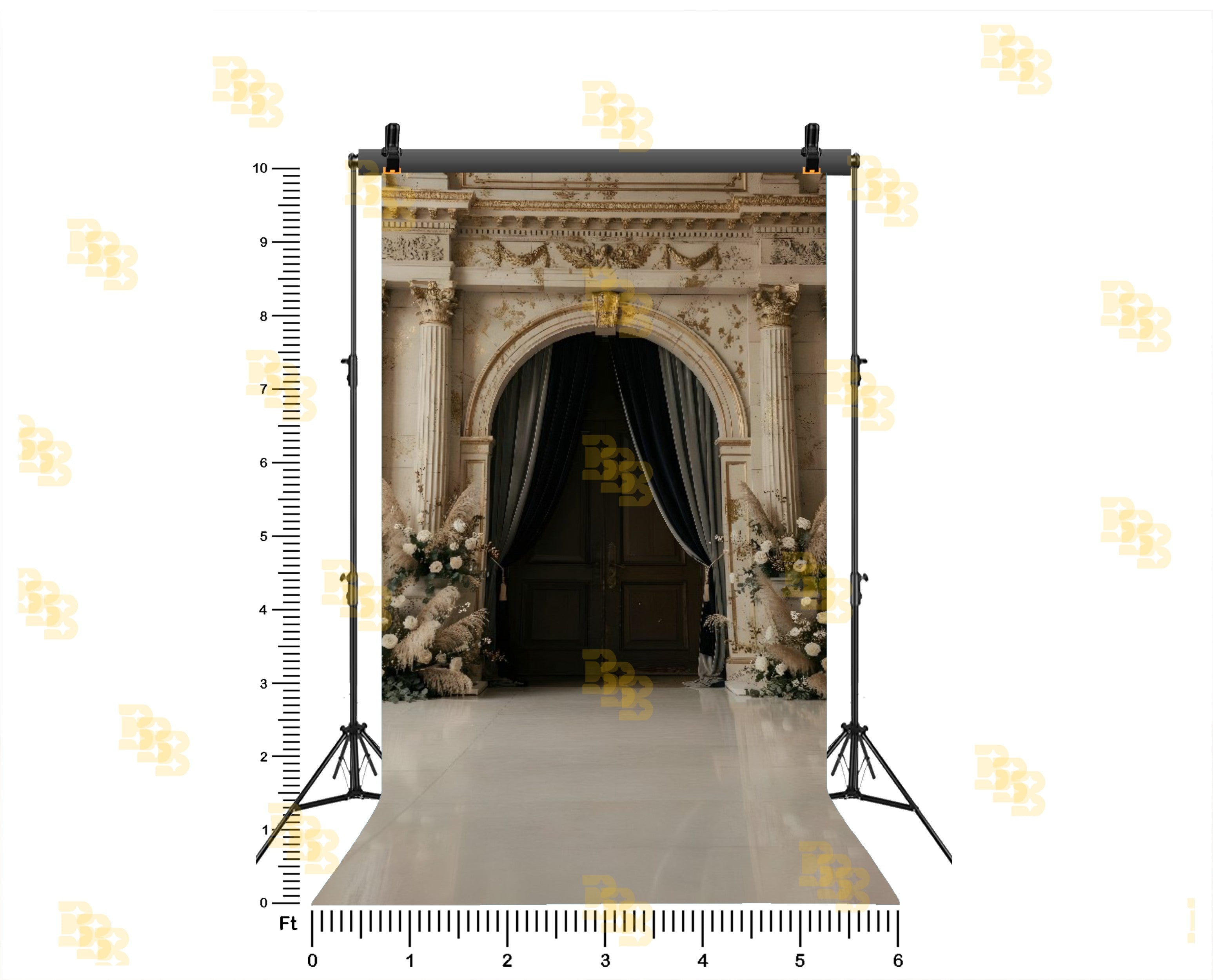 ROYAL ARCH DOOR ENTRANCE WITH FLORAL DECOR AND CURTAINS BACKDROP FOR WEDDING & PORTRAIT PHOTOGRAPHY