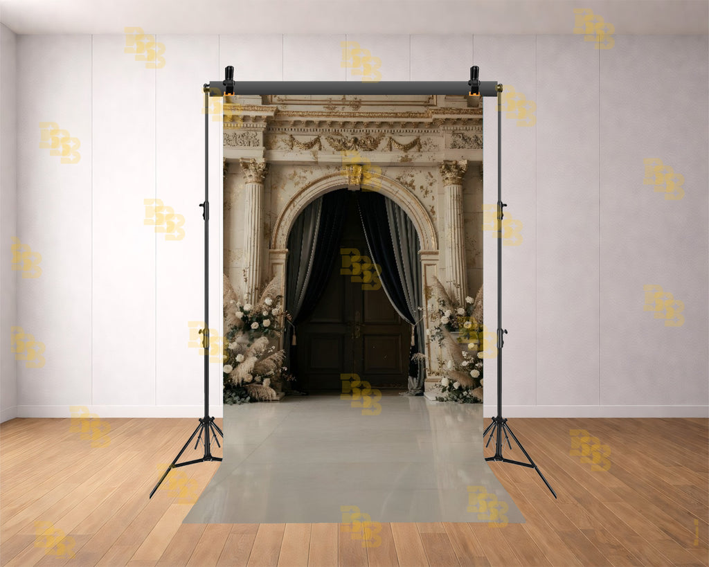 ROYAL ARCH DOOR ENTRANCE WITH FLORAL DECOR AND CURTAINS BACKDROP FOR WEDDING & PORTRAIT PHOTOGRAPHY