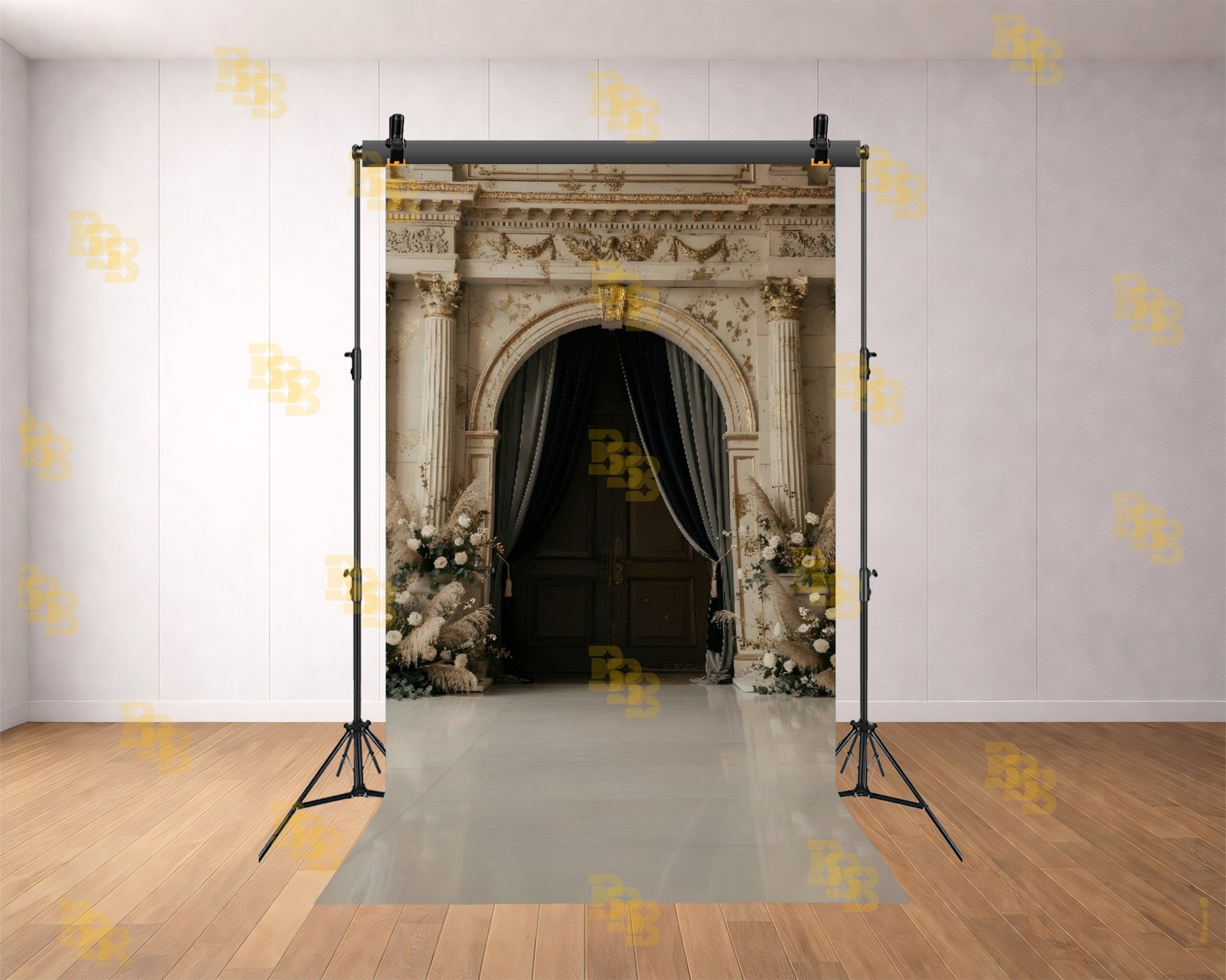 ROYAL ARCH DOOR ENTRANCE WITH FLORAL DECOR AND CURTAINS BACKDROP FOR WEDDING & PORTRAIT PHOTOGRAPHY