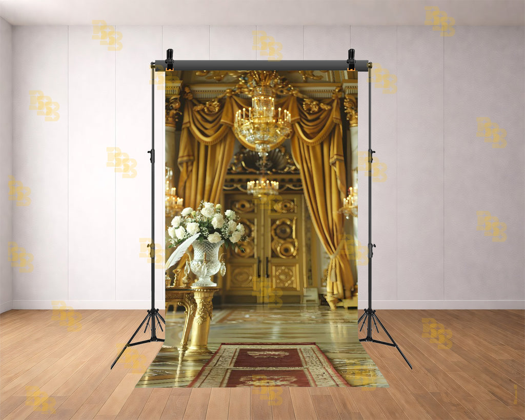 ROYAL GOLDEN PALACE ENTRANCE WITH CHANDELIER AND DRAPES BACKDROP FOR WEDDING & PORTRAIT PHOTOGRAPHY