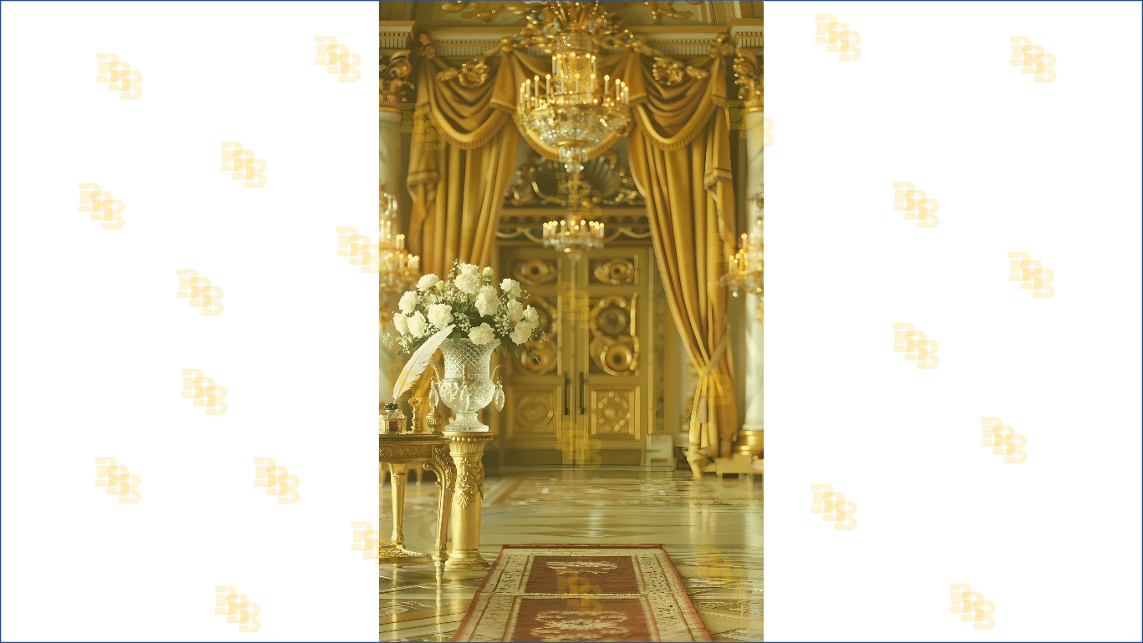 ROYAL GOLDEN PALACE ENTRANCE WITH CHANDELIER AND DRAPES BACKDROP FOR WEDDING & PORTRAIT PHOTOGRAPHY
