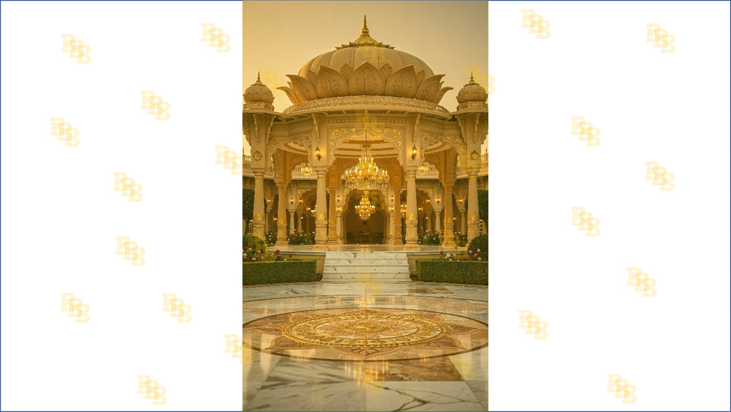 ROYAL OUTDOOR PALACE PAVILION WITH CHANDELIERS AND MARBLE FLOOR BACKDROP FOR WEDDING & PORTRAIT PHOTOGRAPHY