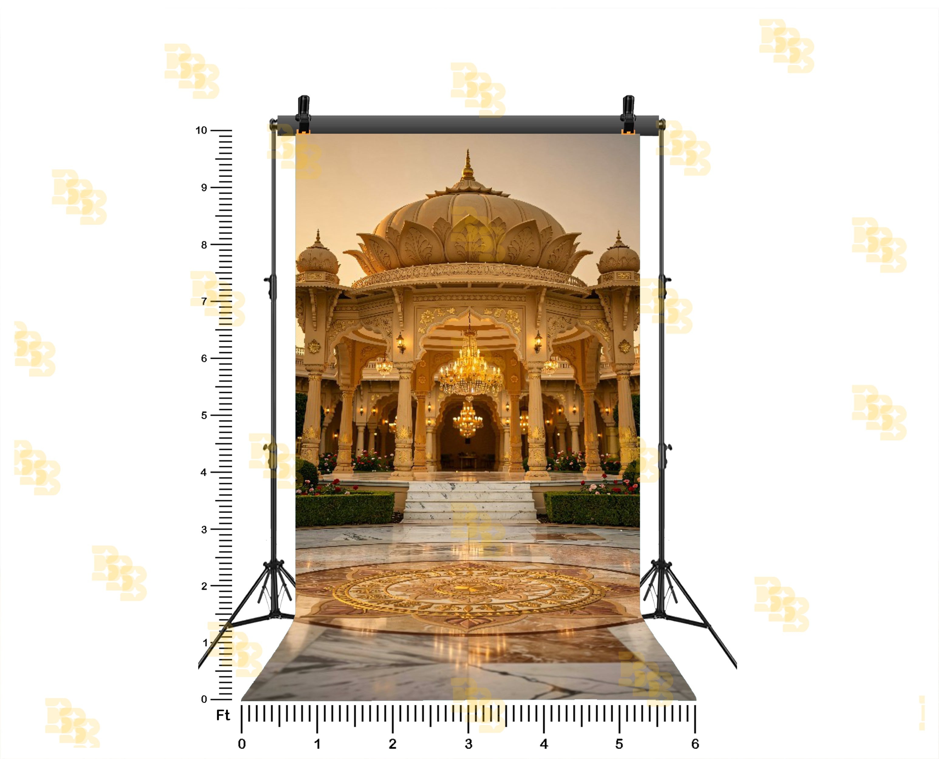 ROYAL OUTDOOR PALACE PAVILION WITH CHANDELIERS AND MARBLE FLOOR BACKDROP FOR WEDDING & PORTRAIT PHOTOGRAPHY