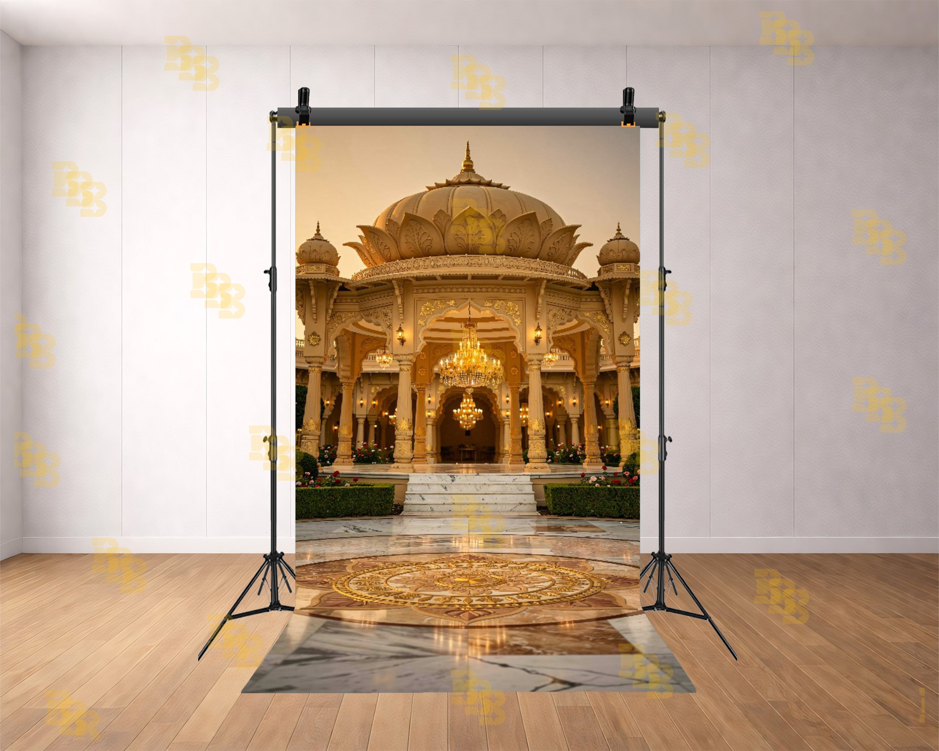 ROYAL OUTDOOR PALACE PAVILION WITH CHANDELIERS AND MARBLE FLOOR BACKDROP FOR WEDDING & PORTRAIT PHOTOGRAPHY