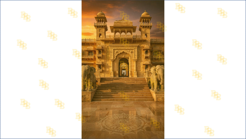 ROYAL PALACE ENTRANCE WITH ELEPHANT STATUES AND SUNSET LIGHT BACKDROP FOR WEDDING & PORTRAIT PHOTOGRAPHY