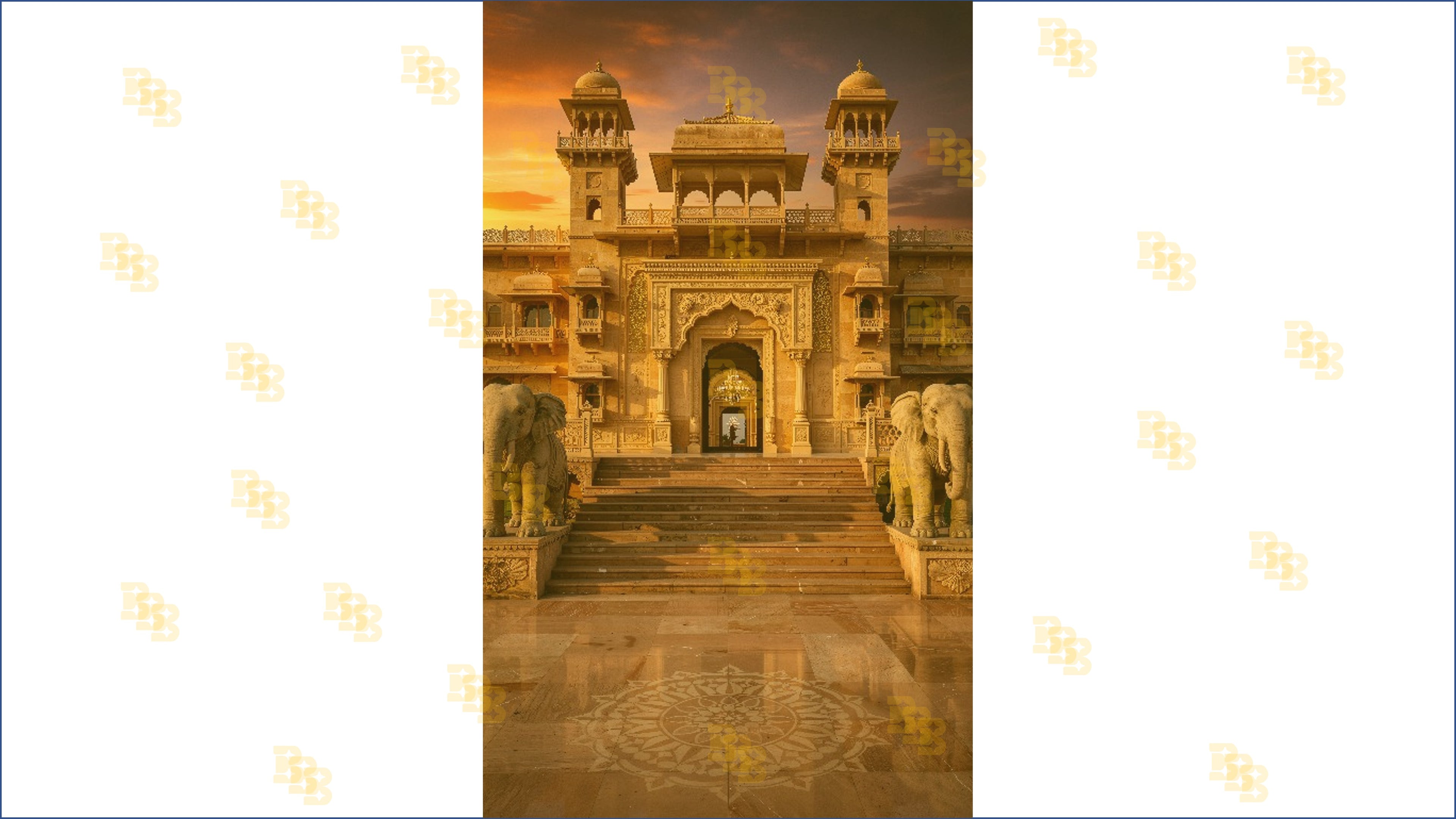 ROYAL PALACE ENTRANCE WITH ELEPHANT STATUES AND SUNSET LIGHT BACKDROP FOR WEDDING & PORTRAIT PHOTOGRAPHY
