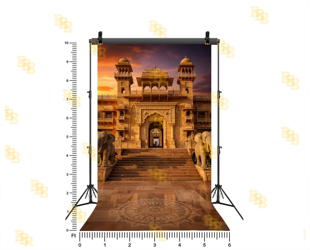 ROYAL PALACE ENTRANCE WITH ELEPHANT STATUES AND SUNSET LIGHT BACKDROP FOR WEDDING & PORTRAIT PHOTOGRAPHY
