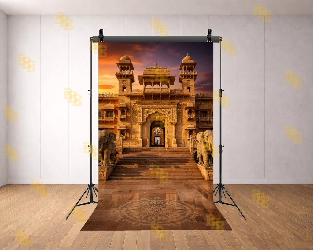 ROYAL PALACE ENTRANCE WITH ELEPHANT STATUES AND SUNSET LIGHT BACKDROP FOR WEDDING & PORTRAIT PHOTOGRAPHY
