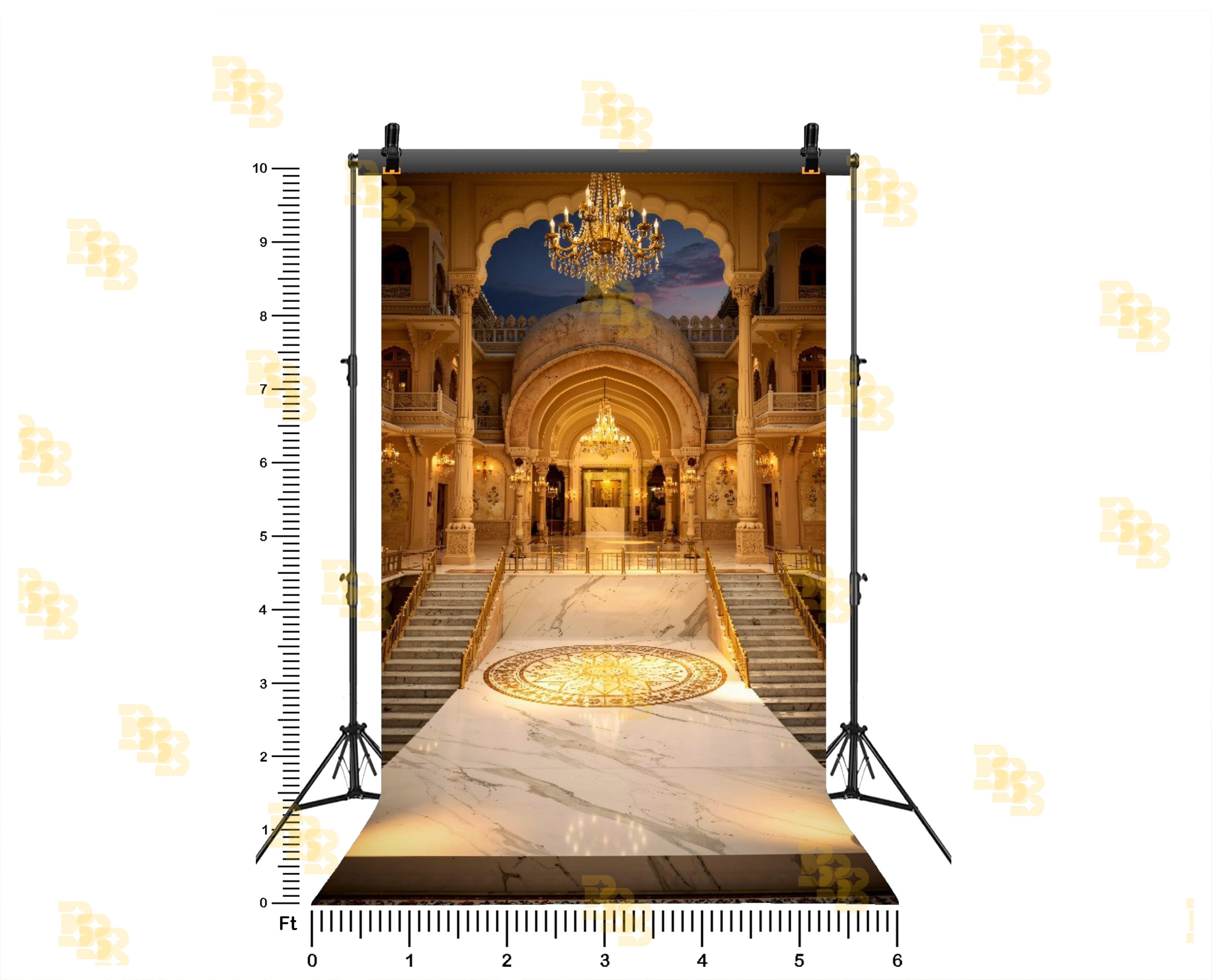 ROYAL PALACE INTERIOR COURTYARD WITH GRAND STAIRS AND CHANDELIERS BACKDROP FOR WEDDING & PORTRAIT PHOTOGRAPHY