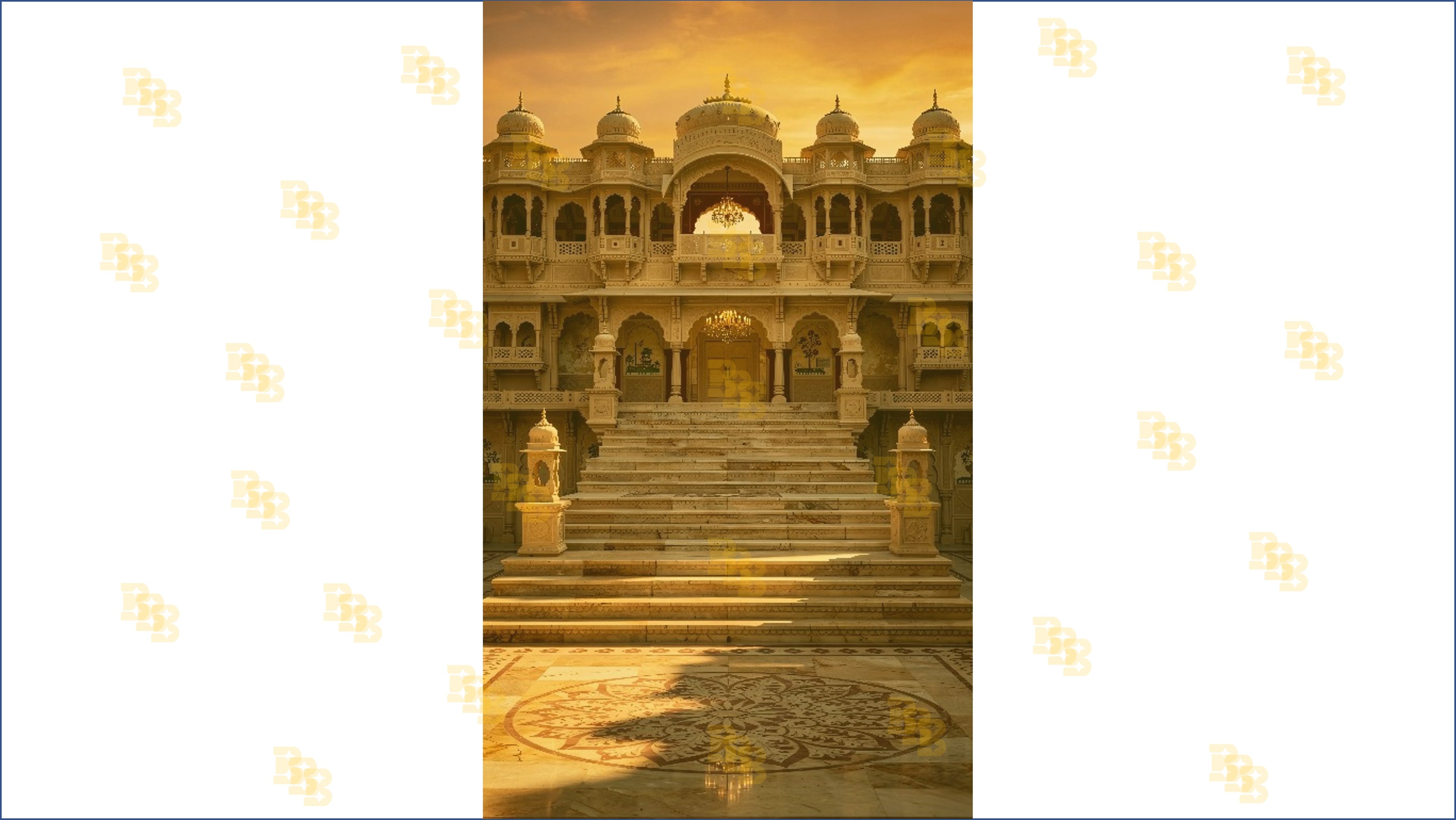 ROYAL PALACE STAIRCASE WITH ARCH BALCONY AND SUNSET LIGHT BACKDROP FOR WEDDING & PORTRAIT PHOTOGRAPHY