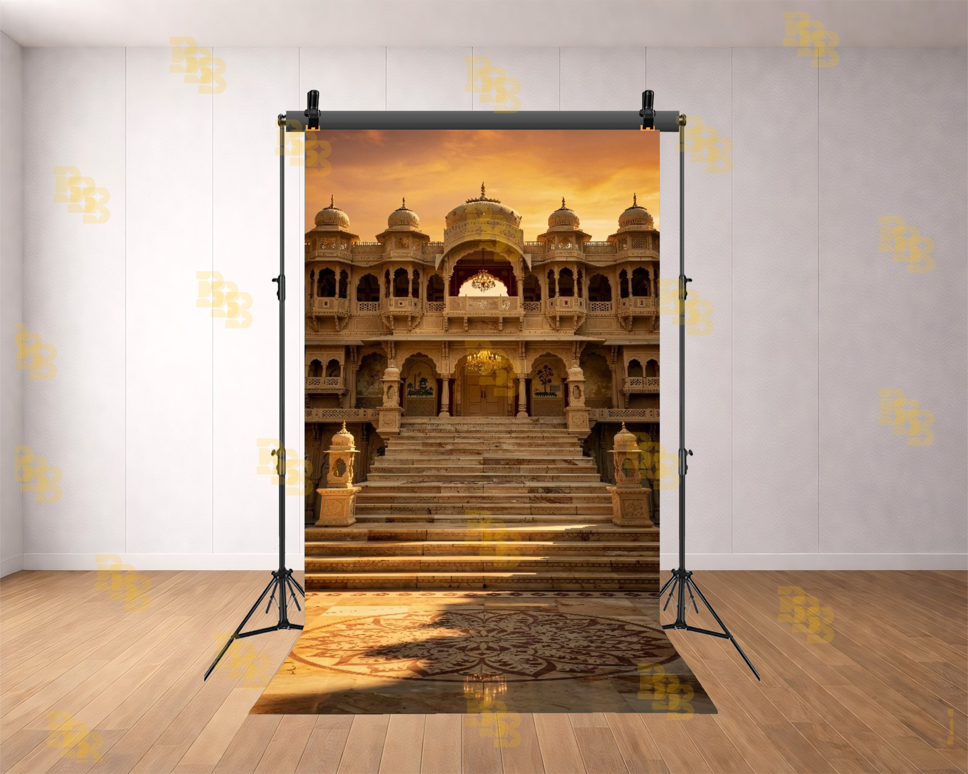 ROYAL PALACE STAIRCASE WITH ARCH BALCONY AND SUNSET LIGHT BACKDROP FOR WEDDING & PORTRAIT PHOTOGRAPHY