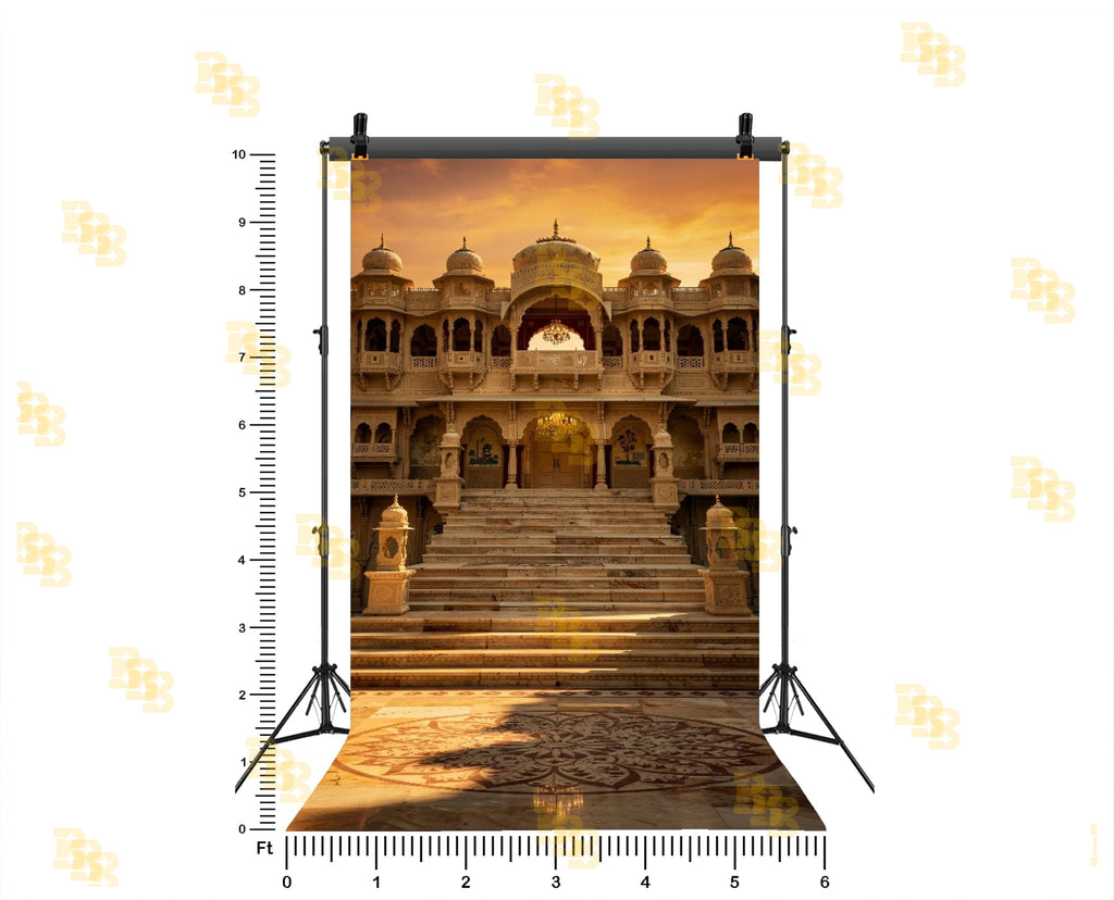 ROYAL PALACE STAIRCASE WITH ARCH BALCONY AND SUNSET LIGHT BACKDROP FOR WEDDING & PORTRAIT PHOTOGRAPHY