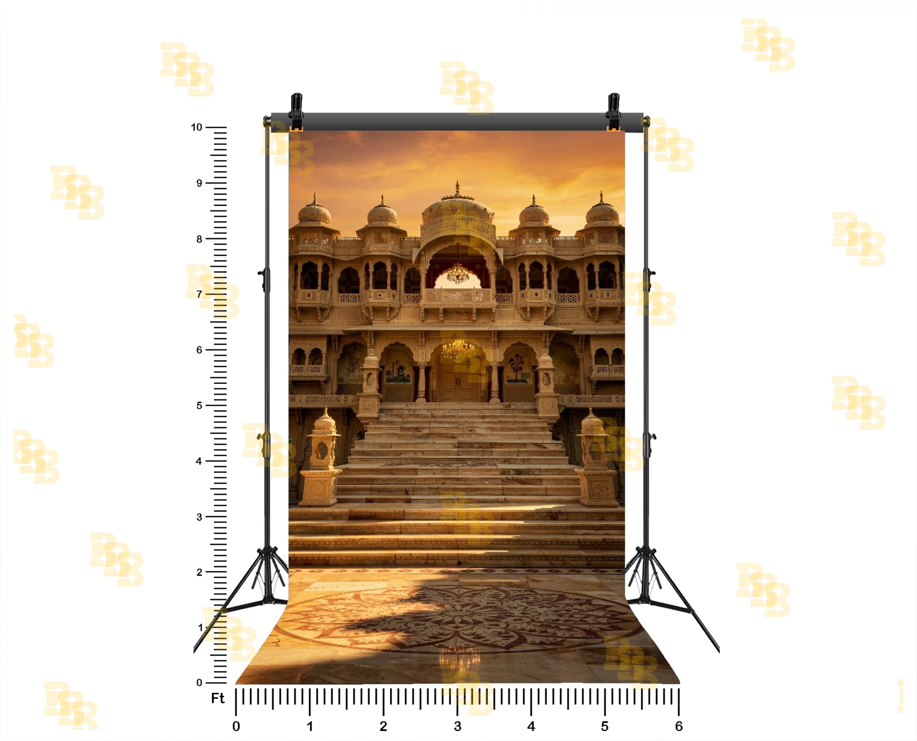 ROYAL PALACE STAIRCASE WITH ARCH BALCONY AND SUNSET LIGHT BACKDROP FOR WEDDING & PORTRAIT PHOTOGRAPHY