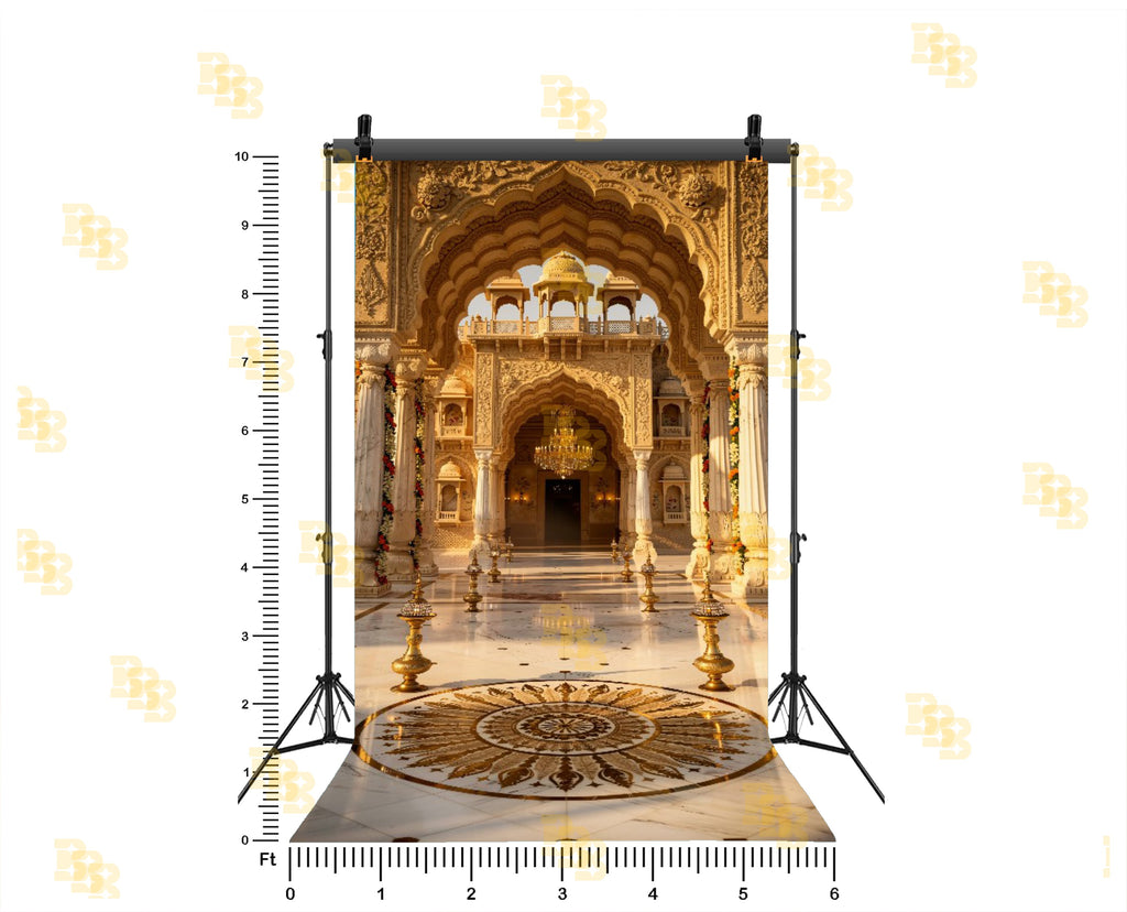 ROYAL ARCH PALACE COURTYARD WITH ORNATE PILLARS AND CHANDELIER BACKDROP FOR WEDDING & PORTRAIT PHOTOGRAPHY