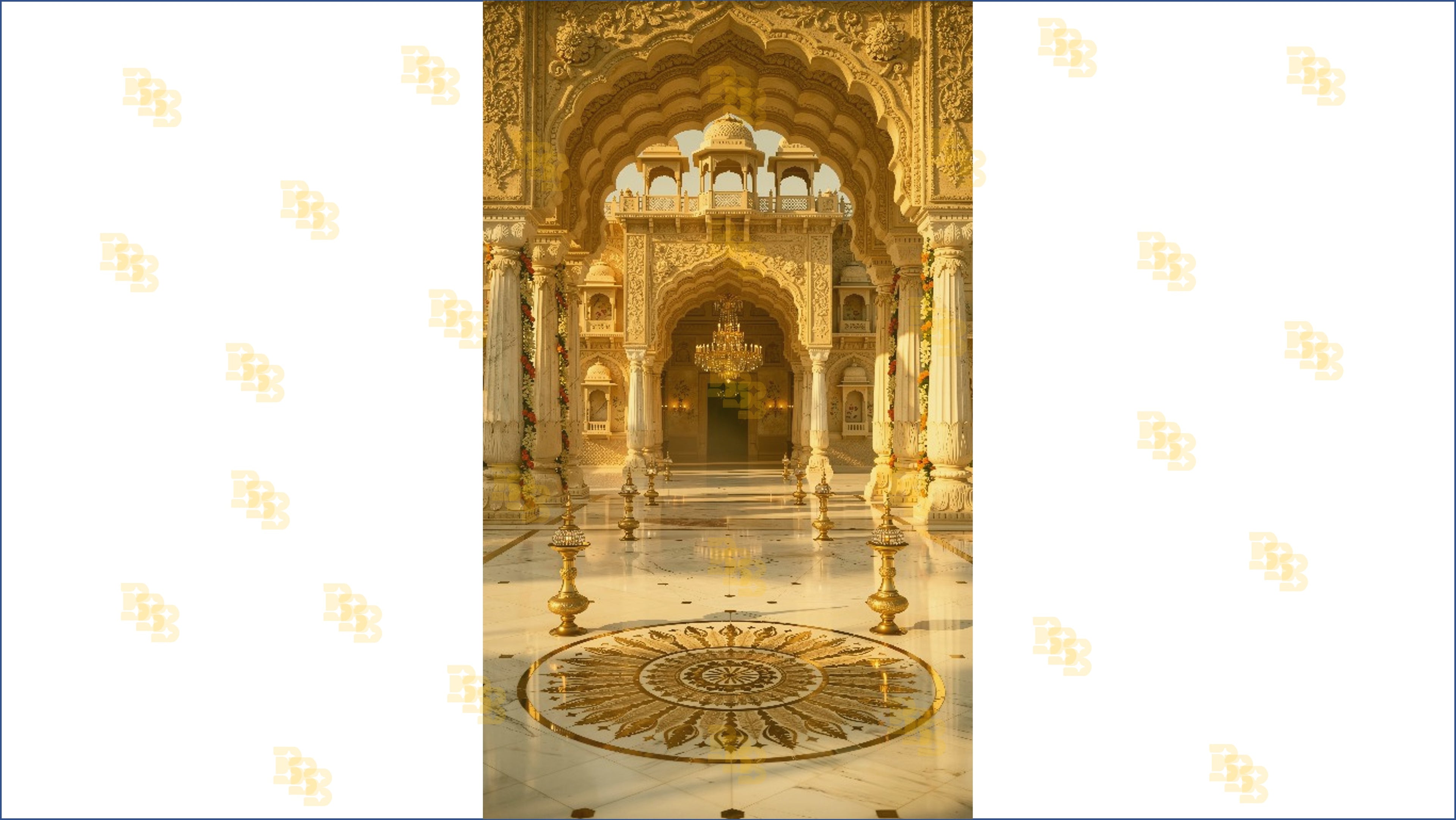ROYAL ARCH PALACE COURTYARD WITH ORNATE PILLARS AND CHANDELIER BACKDROP FOR WEDDING & PORTRAIT PHOTOGRAPHY