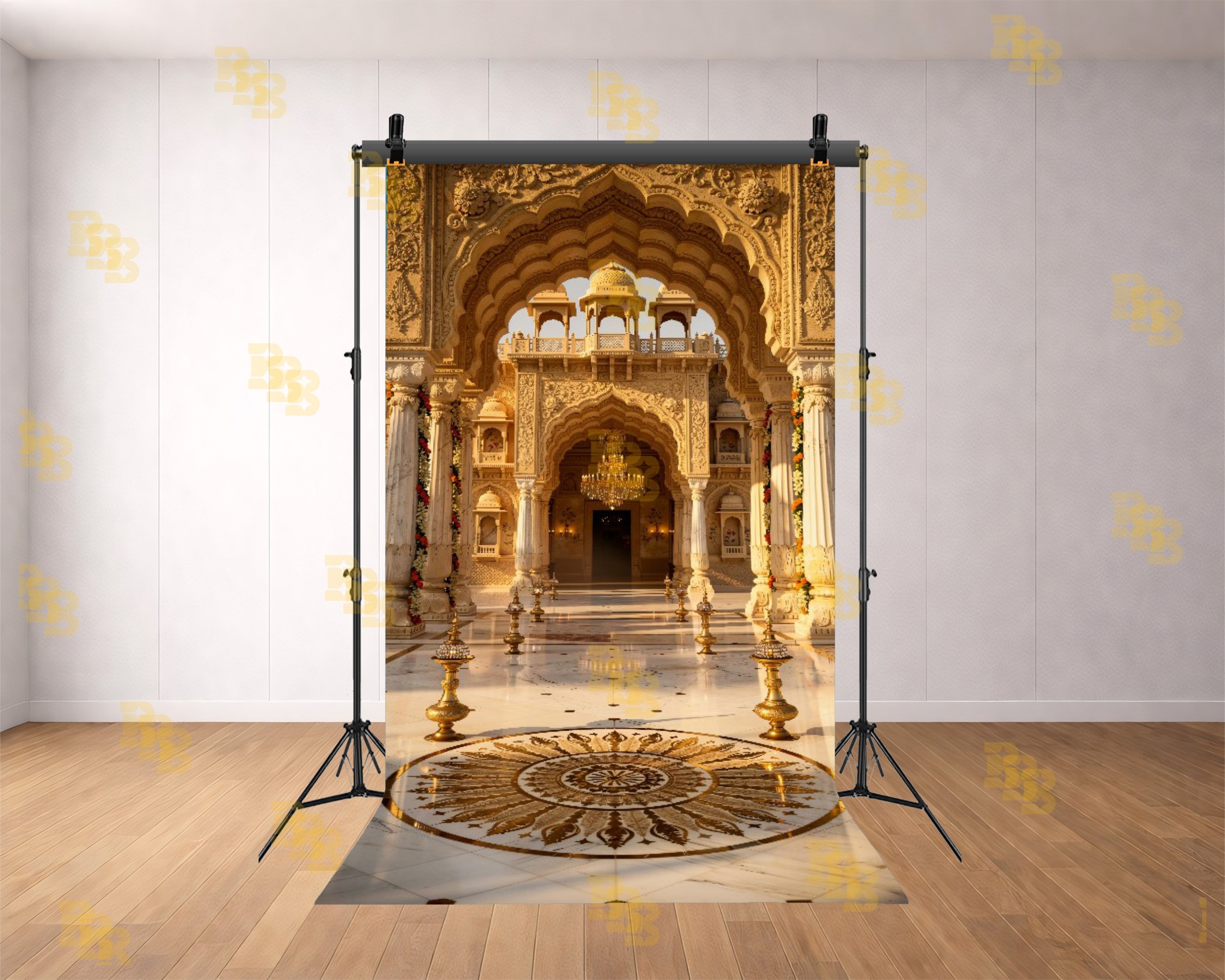 ROYAL ARCH PALACE COURTYARD WITH ORNATE PILLARS AND CHANDELIER BACKDROP FOR WEDDING & PORTRAIT PHOTOGRAPHY