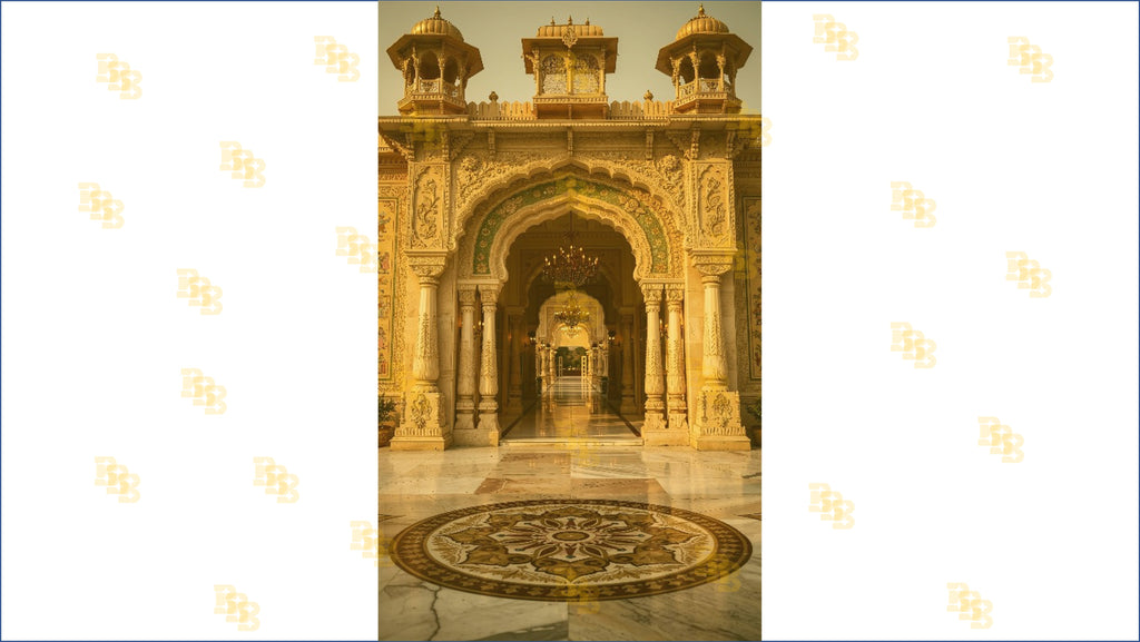 ROYAL PALACE ARCHWAY ENTRANCE WITH INTRICATE CARVINGS AND CHANDELIER BACKDROP FOR WEDDING & PORTRAIT PHOTOGRAPHY