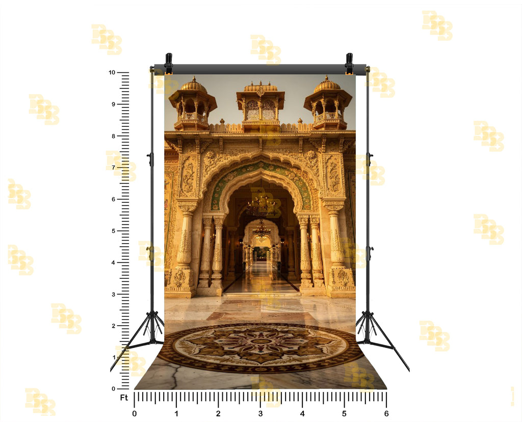 ROYAL PALACE ARCHWAY ENTRANCE WITH INTRICATE CARVINGS AND CHANDELIER BACKDROP FOR WEDDING & PORTRAIT PHOTOGRAPHY