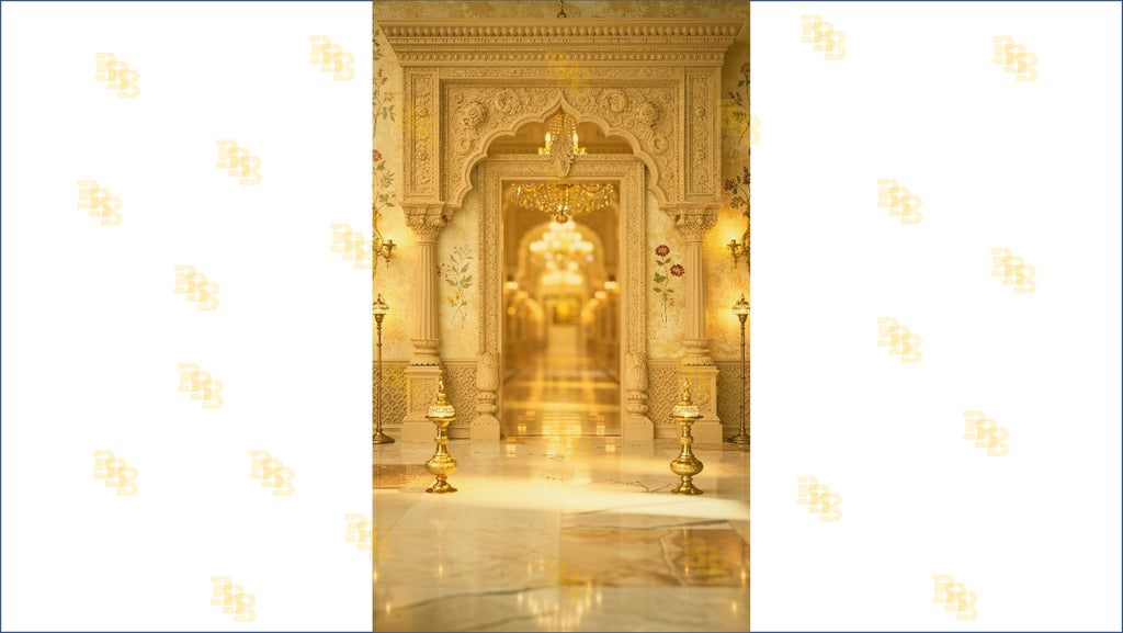 ROYAL CARVED ARCHWAY WITH CHANDELIER CORRIDOR AND FLORAL WALL BACKDROP FOR WEDDING & PORTRAIT PHOTOGRAPHY