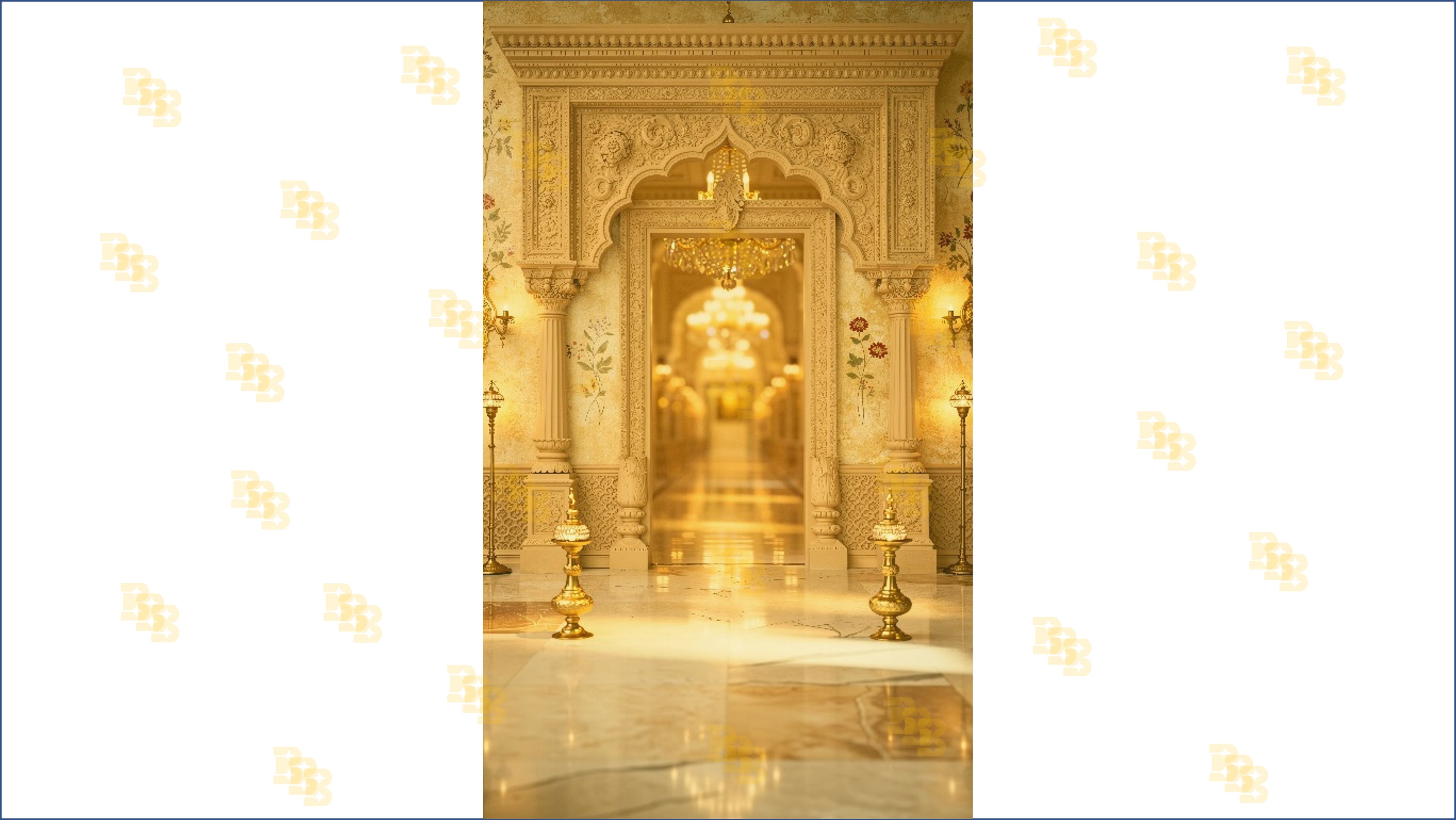 ROYAL CARVED ARCHWAY WITH CHANDELIER CORRIDOR AND FLORAL WALL BACKDROP FOR WEDDING & PORTRAIT PHOTOGRAPHY