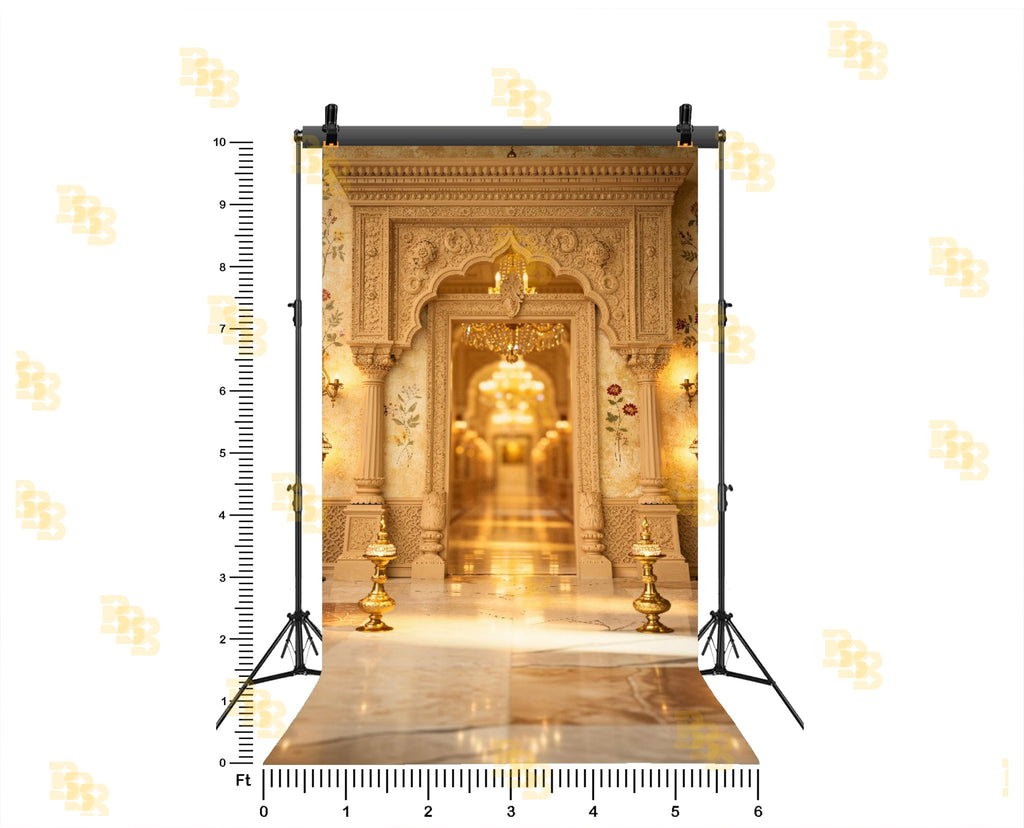 ROYAL CARVED ARCHWAY WITH CHANDELIER CORRIDOR AND FLORAL WALL BACKDROP FOR WEDDING & PORTRAIT PHOTOGRAPHY