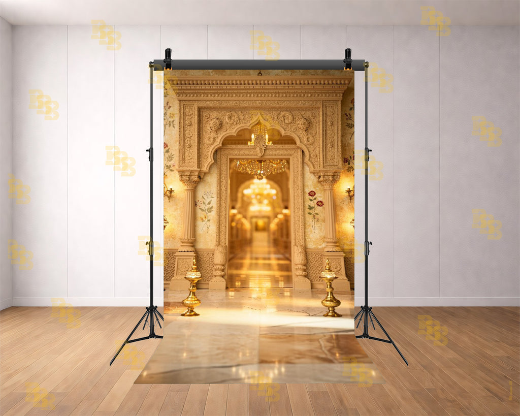 ROYAL CARVED ARCHWAY WITH CHANDELIER CORRIDOR AND FLORAL WALL BACKDROP FOR WEDDING & PORTRAIT PHOTOGRAPHY