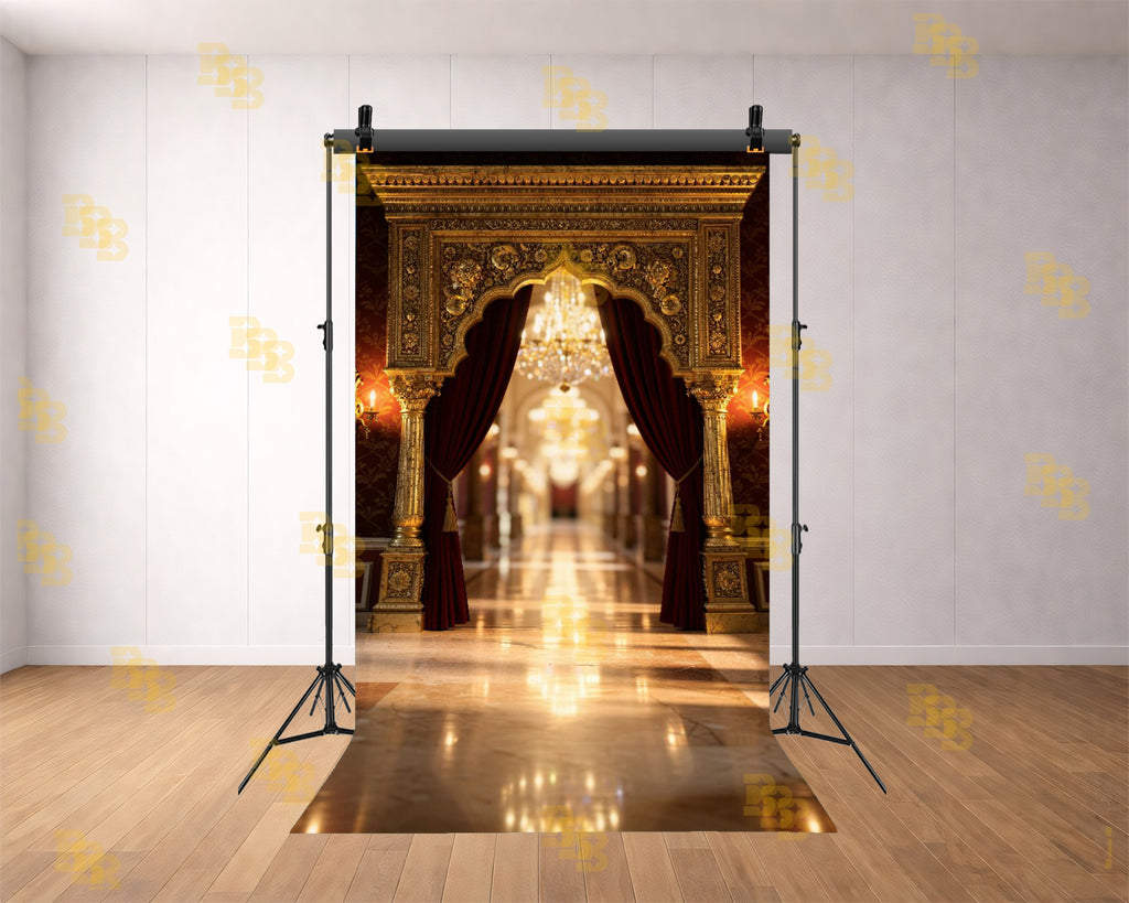 ROYAL GOLDEN ARCHWAY WITH MAROON DRAPES AND CHANDELIER CORRIDOR BACKDROP FOR WEDDING & PORTRAIT PHOTOGRAPHY
