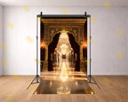 ROYAL GOLDEN ARCHWAY WITH MAROON DRAPES AND CHANDELIER CORRIDOR BACKDROP FOR WEDDING & PORTRAIT PHOTOGRAPHY