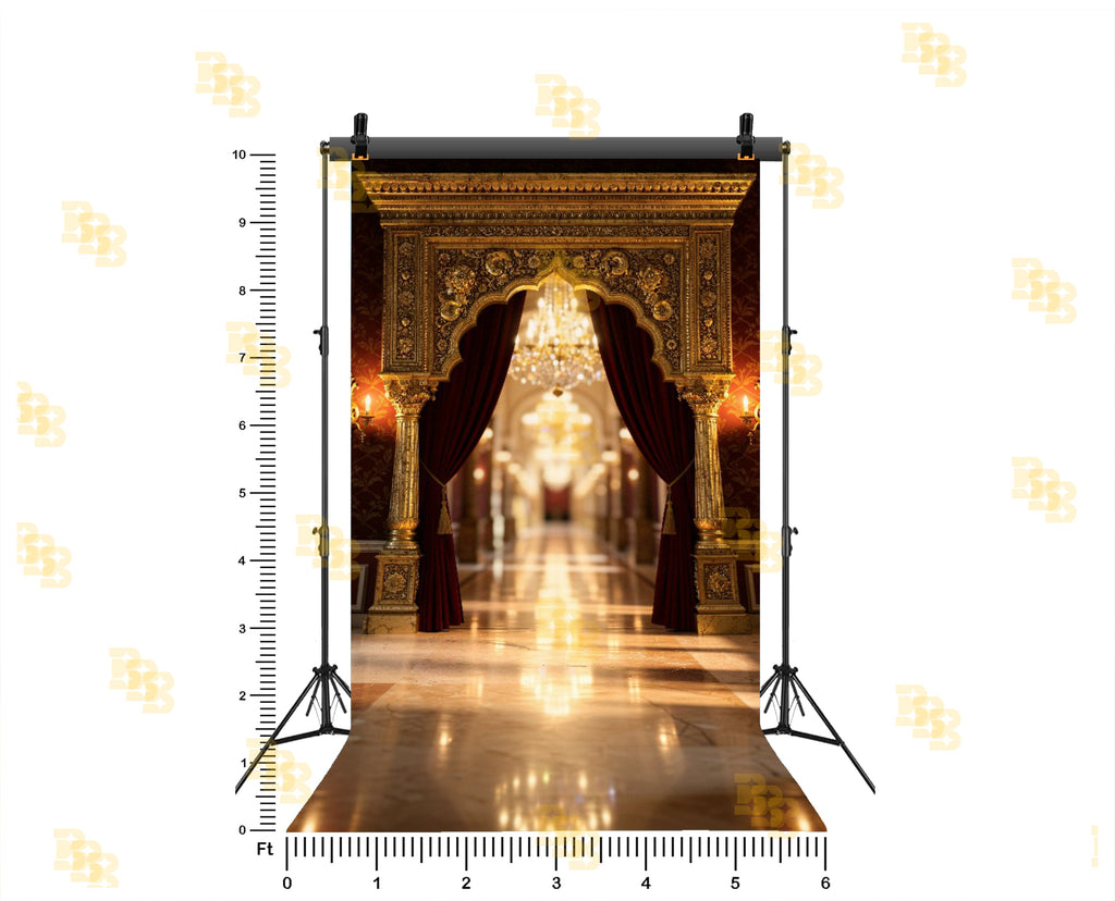 ROYAL GOLDEN ARCHWAY WITH MAROON DRAPES AND CHANDELIER CORRIDOR BACKDROP FOR WEDDING & PORTRAIT PHOTOGRAPHY