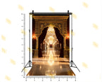 ROYAL GOLDEN ARCHWAY WITH MAROON DRAPES AND CHANDELIER CORRIDOR BACKDROP FOR WEDDING & PORTRAIT PHOTOGRAPHY