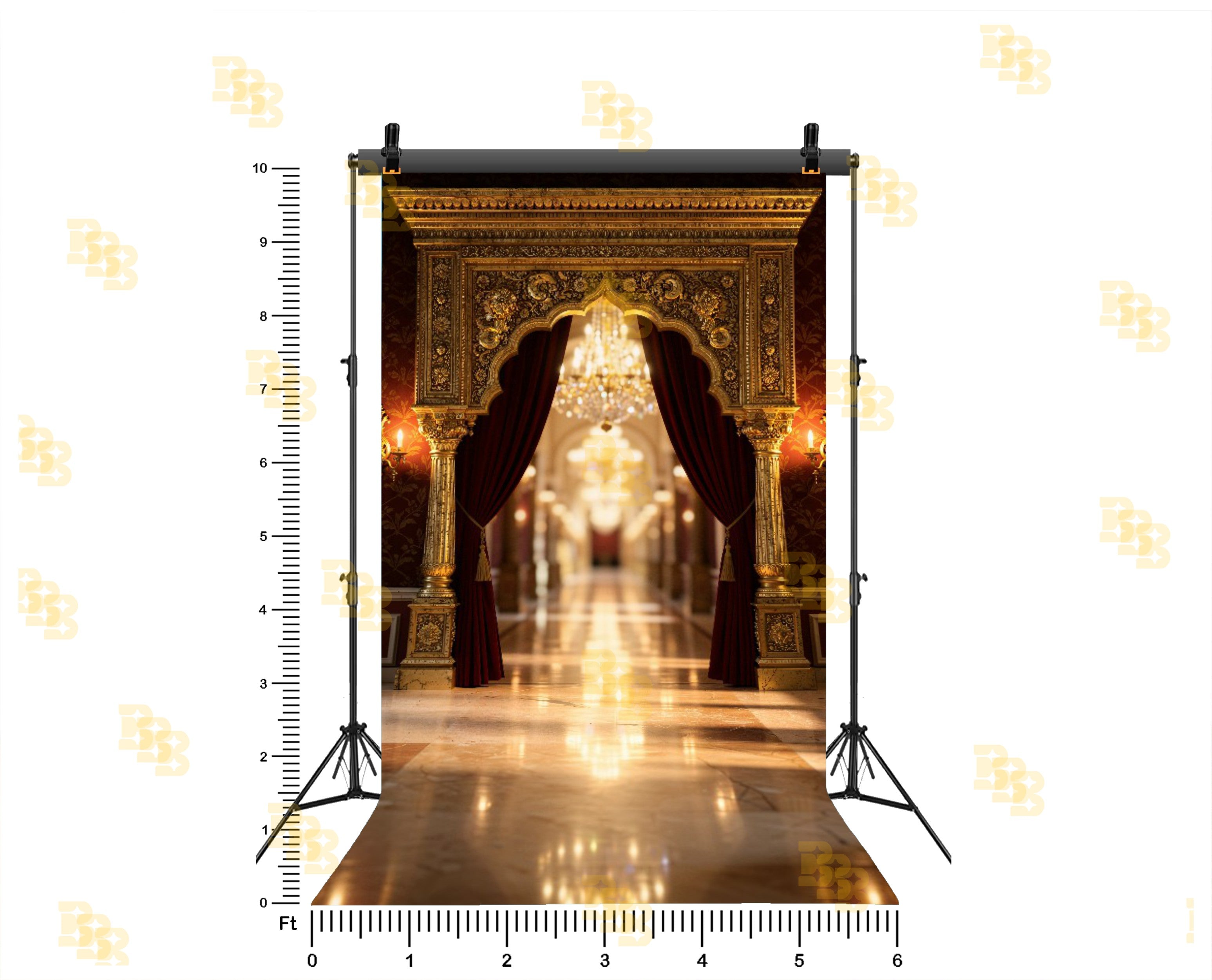 ROYAL GOLDEN ARCHWAY WITH MAROON DRAPES AND CHANDELIER CORRIDOR BACKDROP FOR WEDDING & PORTRAIT PHOTOGRAPHY