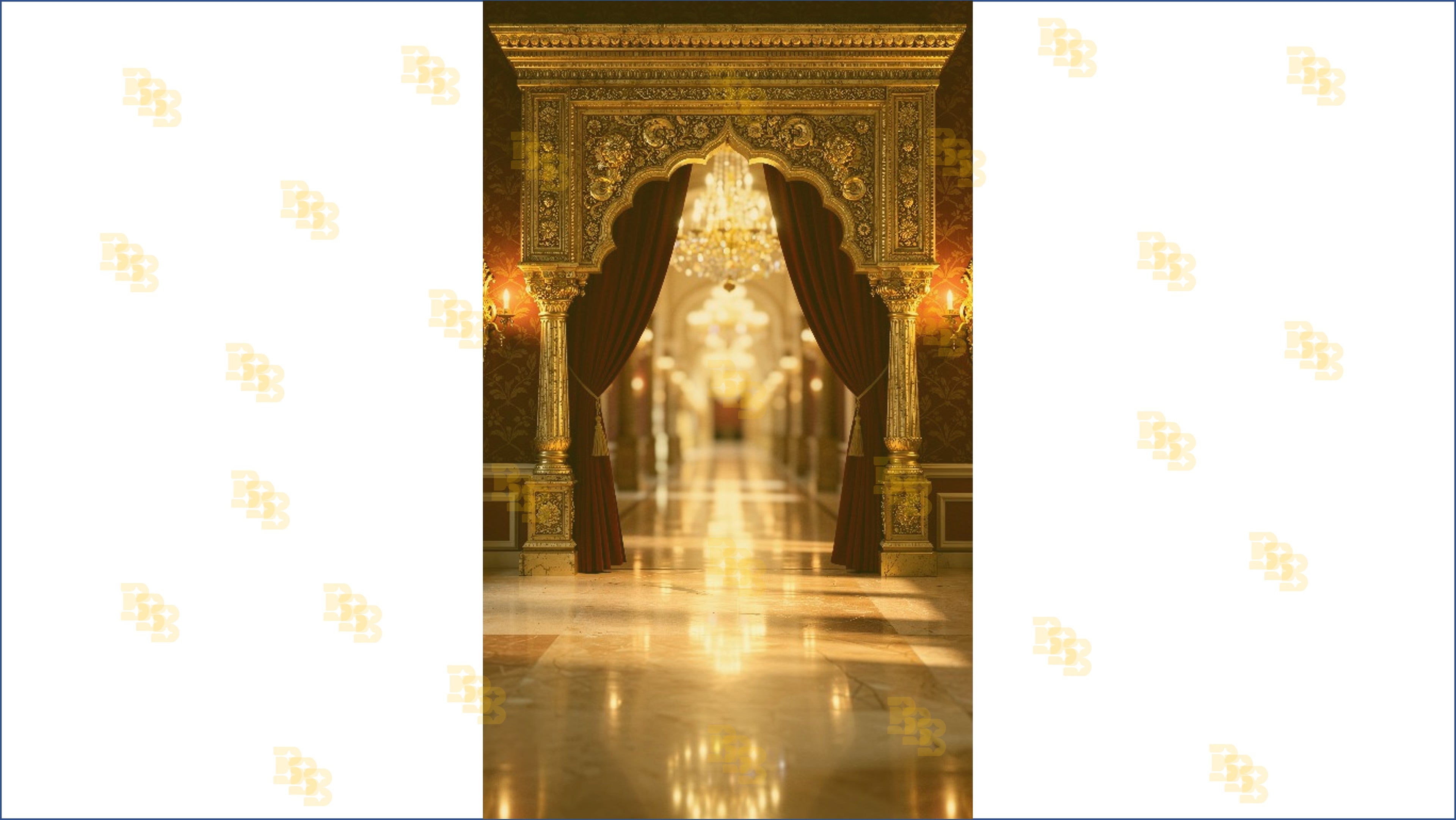 ROYAL GOLDEN ARCHWAY WITH MAROON DRAPES AND CHANDELIER CORRIDOR BACKDROP FOR WEDDING & PORTRAIT PHOTOGRAPHY