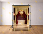 ROYAL GOLDEN ARCH STAGE WITH MAROON DRAPES AND CHANDELIER BACKDROP FOR WEDDING & PORTRAIT PHOTOGRAPHY