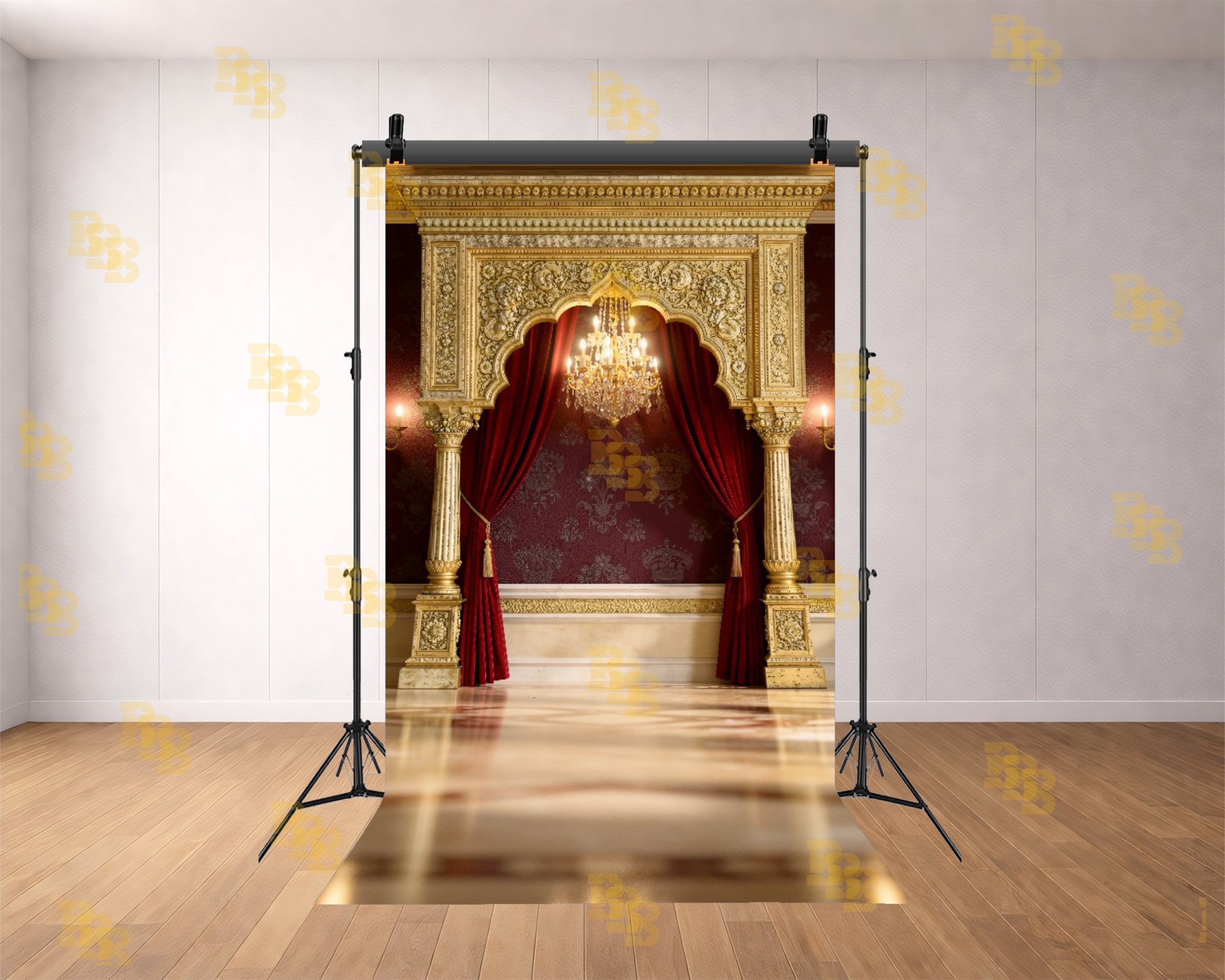 ROYAL GOLDEN ARCH STAGE WITH MAROON DRAPES AND CHANDELIER BACKDROP FOR WEDDING & PORTRAIT PHOTOGRAPHY