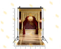 ROYAL GOLDEN ARCH STAGE WITH MAROON DRAPES AND CHANDELIER BACKDROP FOR WEDDING & PORTRAIT PHOTOGRAPHY