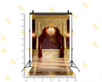 ROYAL GOLDEN ARCH STAGE WITH MAROON DRAPES AND CHANDELIER BACKDROP FOR WEDDING & PORTRAIT PHOTOGRAPHY