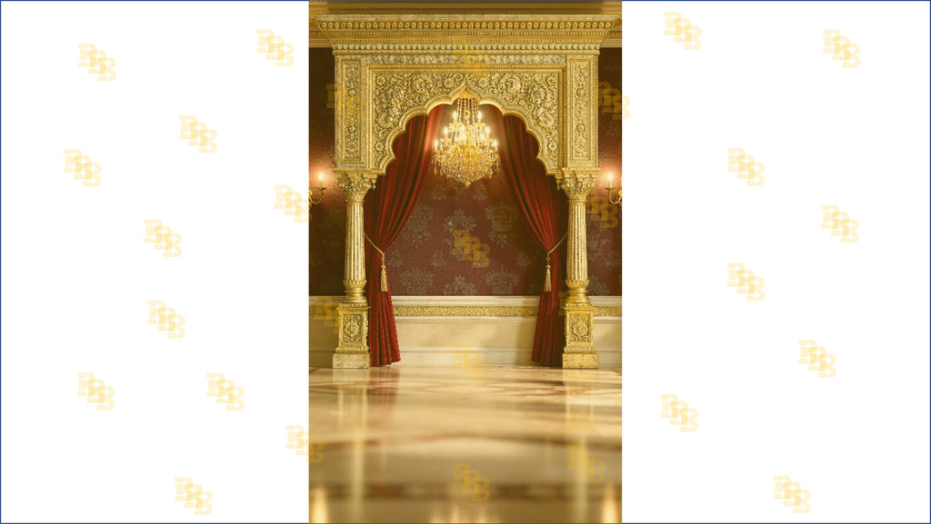 ROYAL GOLDEN ARCH STAGE WITH MAROON DRAPES AND CHANDELIER BACKDROP FOR WEDDING & PORTRAIT PHOTOGRAPHY