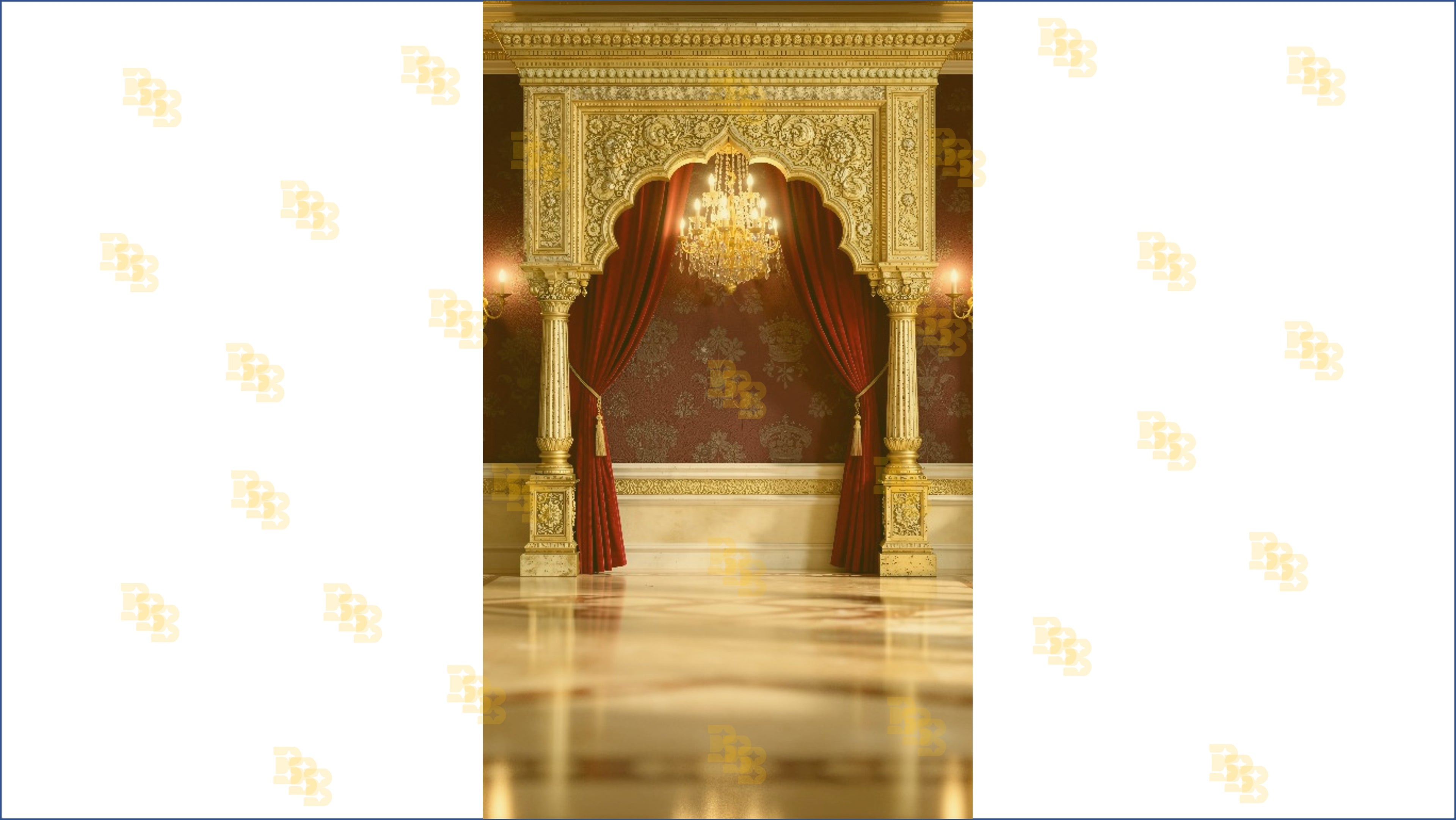 ROYAL GOLDEN ARCH STAGE WITH MAROON DRAPES AND CHANDELIER BACKDROP FOR WEDDING & PORTRAIT PHOTOGRAPHY
