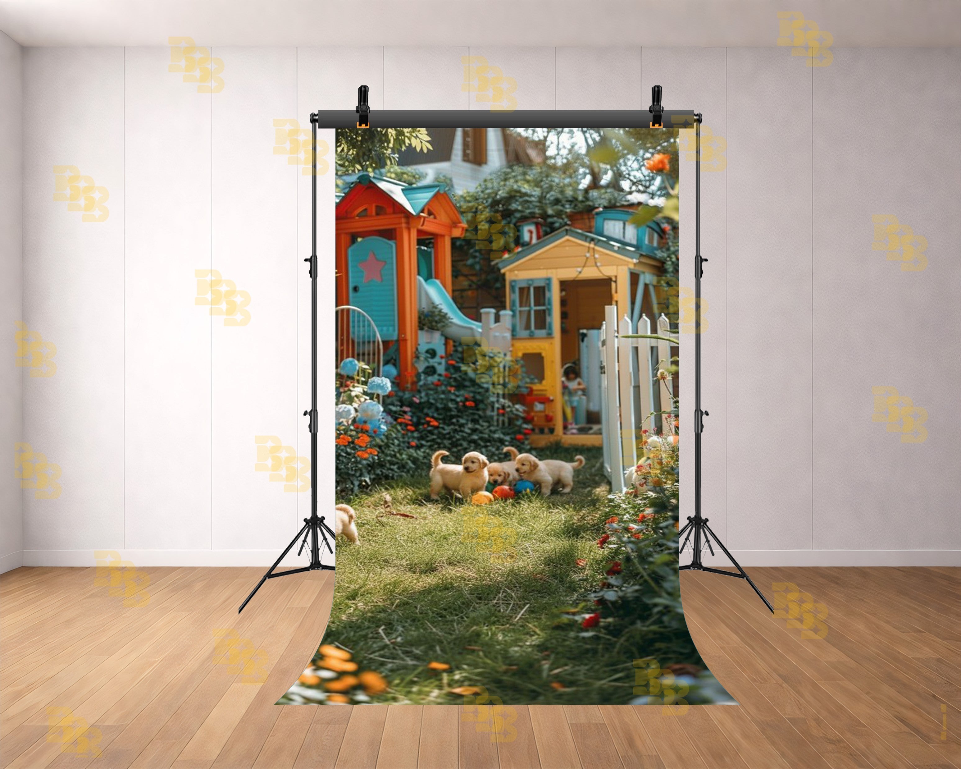 KIDS GARDEN PLAYGROUND WITH COLORFUL PLAYHOUSE AND PUPPIES BACKDROP FOR CHILDREN PHOTOGRAPHY