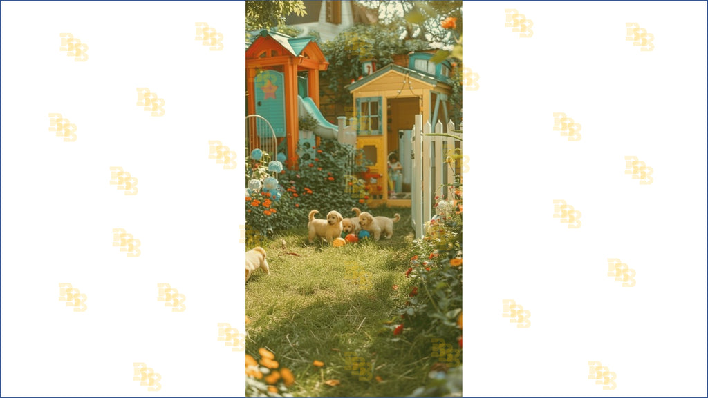 KIDS GARDEN PLAYGROUND WITH COLORFUL PLAYHOUSE AND PUPPIES BACKDROP FOR CHILDREN PHOTOGRAPHY