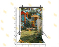 KIDS GARDEN PLAYGROUND WITH COLORFUL PLAYHOUSE AND PUPPIES BACKDROP FOR CHILDREN PHOTOGRAPHY