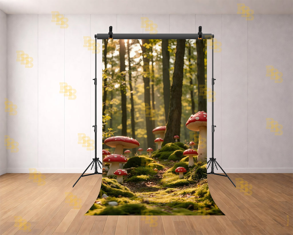 ENCHANTED FOREST PATH WITH RED MUSHROOMS AND SUNLIGHT BACKDROP FOR KIDS & FANTASY PHOTOGRAPHY